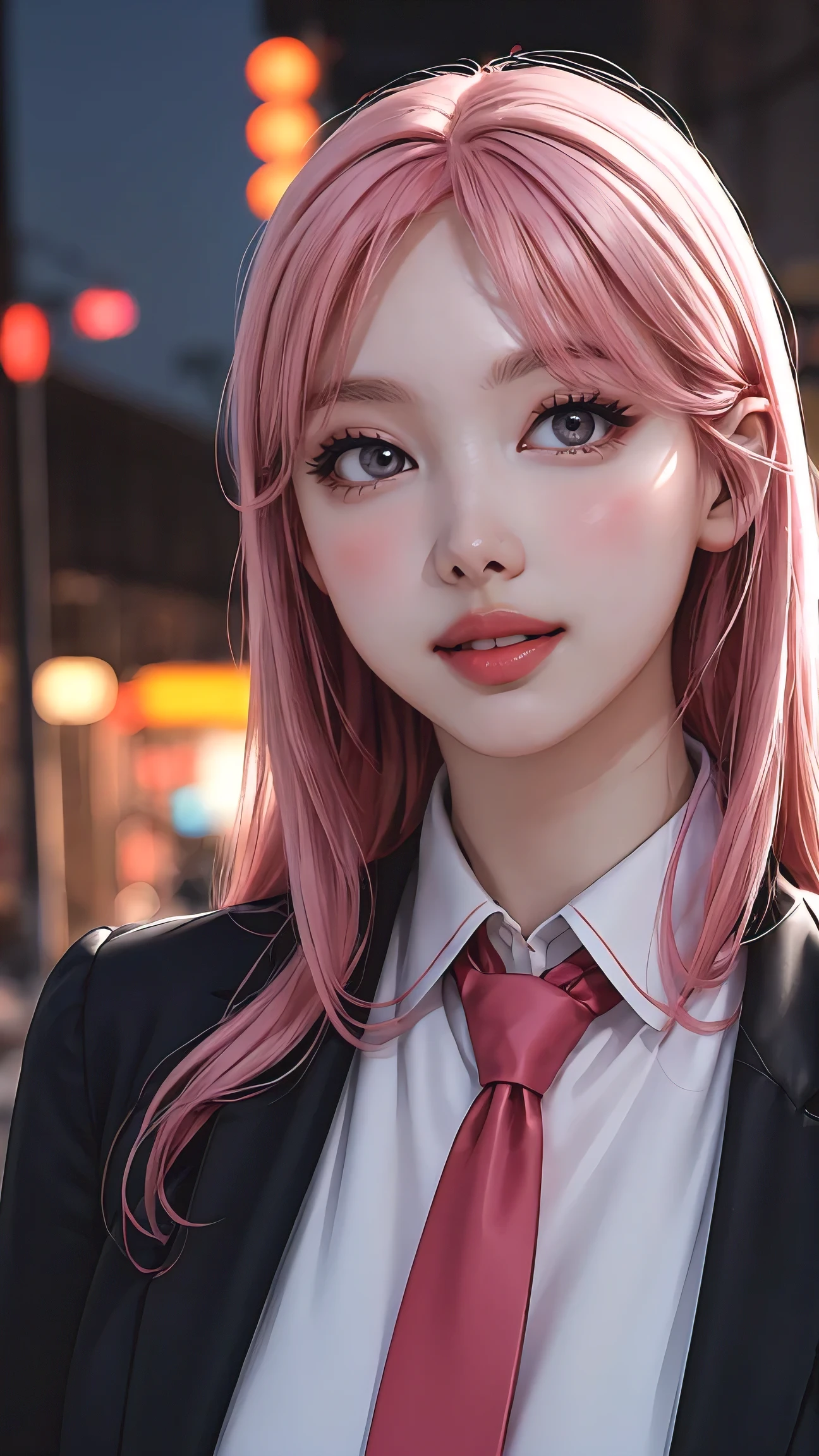 1girl, long pink hair, red horns, white collared shirt, black necktie, light smile, yellow eyes, corneo_power,, buildings,shops,town streets, dark sky, scenery,neon signs,night city, japanese lyrics,, , absurdres, detailed eyes, extremely detailed, volumetric lighting, realistic, realistic lighting, 8k, cinematic lighting, depth of field, perfect, hyper-detailed, photorealistic, ultra realistic, realistic light, hard lighting, intricate details, stop motion, tonemapping, sharp focus, hyper detailed,