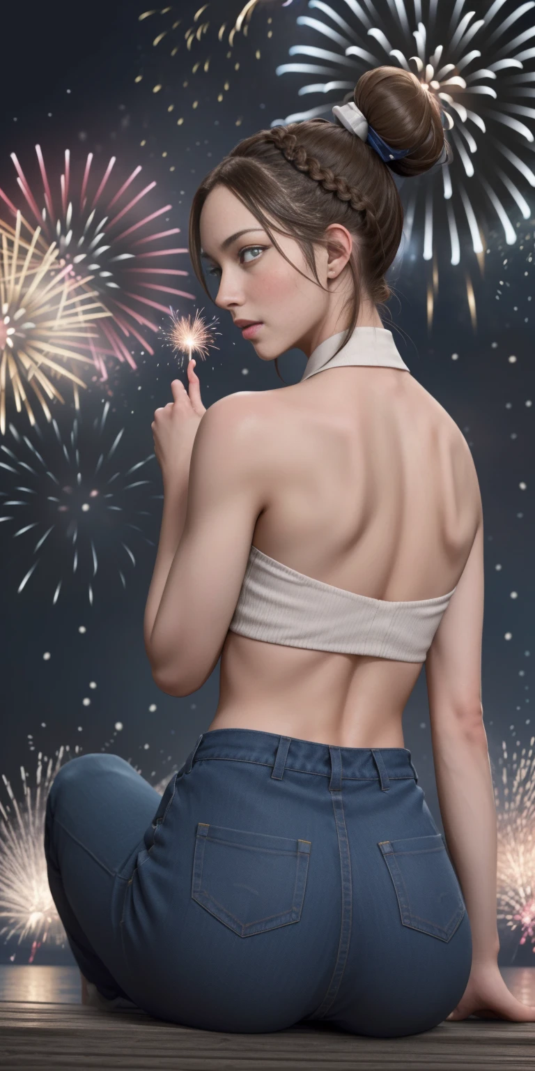 (((masterpiece))), (1girl:1.5), hyper detailed, highres, ((best quality)), (extremely delicate and beautiful), {8k cg wallpaper}, illustration, (blush), (braided ponytail | ponytail | hairbun), (extremely detailed background:1.6), (very long black hair|blonde hair), detailed face, night, festival, (kimono:0.7), outdoors, lantern, (fireworks:1.4), paper lantern, snow, wind, snowflakes, hair ornament, open eyes (blind really white eyes), (from behind:1.3), sitting, river, riverbank, starry sky, (holding hands:0.6), leaning on person, pointing, on heaven