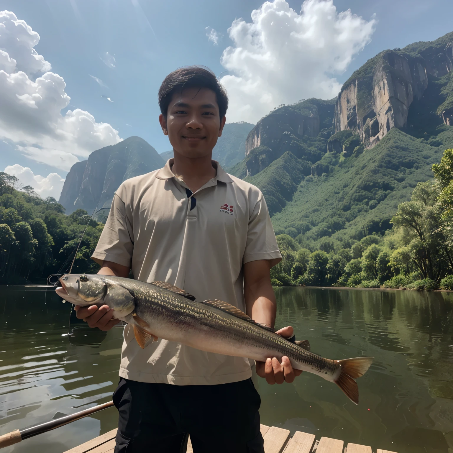a malay guy holding fishing rod