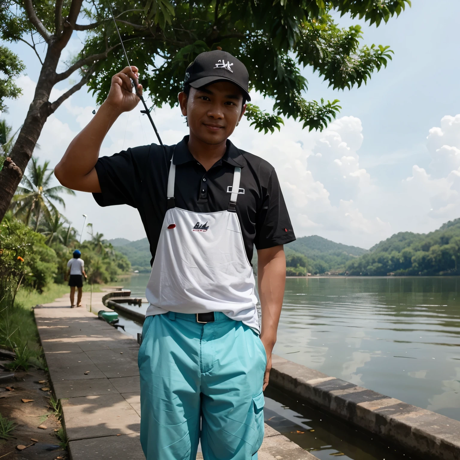 a malay guy holding fishing rod