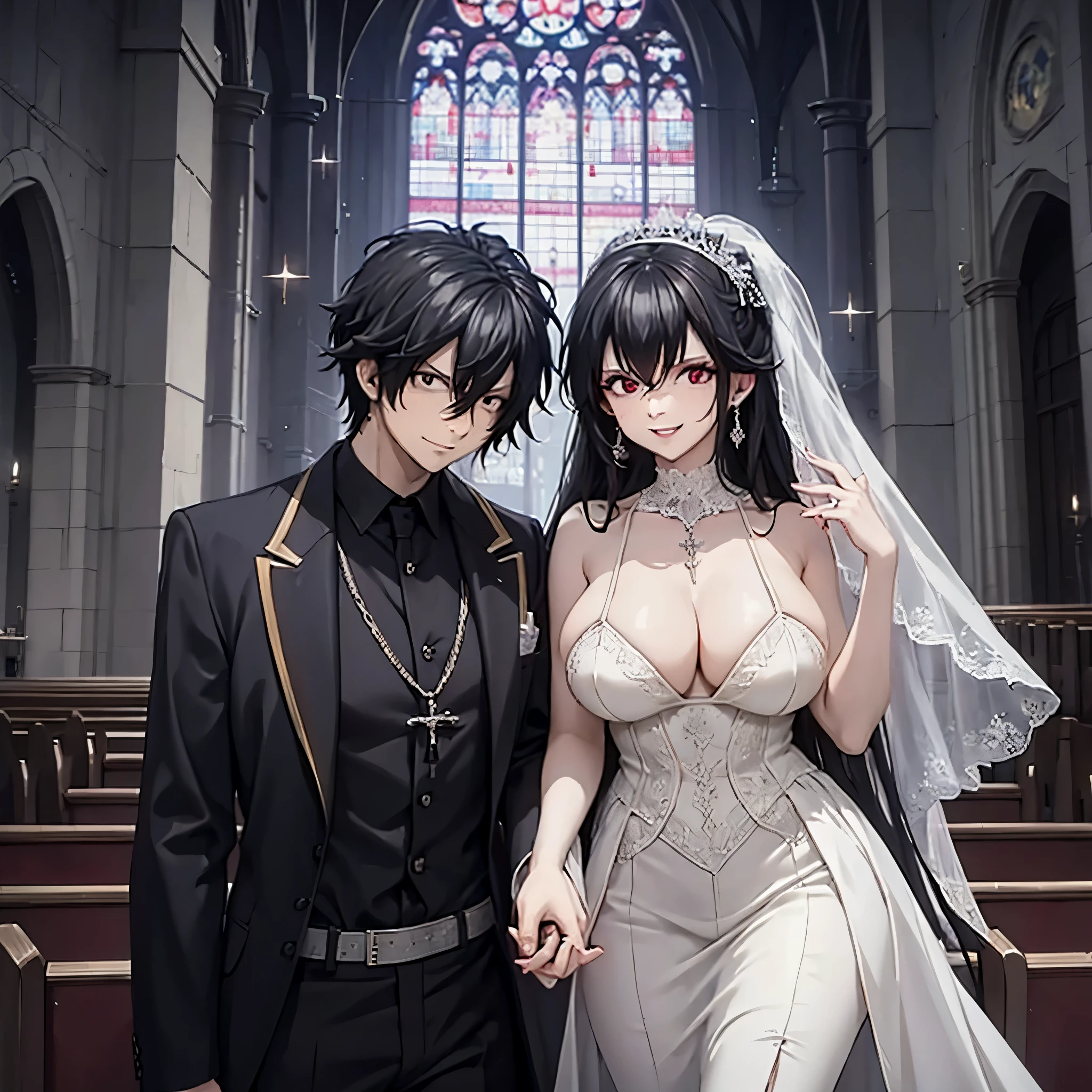 a man in a black suit holding the hand of a woman (eye red), big boobs, in a white wedding outfit in a church, smiling, perfect features perfect face
