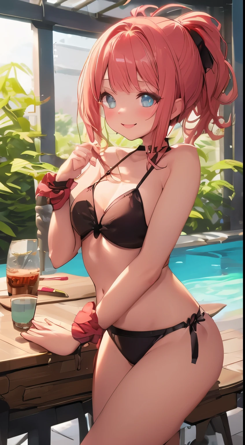 on the table, best quality, illustration, Super detailed, fine details, high resolution, 8k wallpaper, Perfect dynamic composition, Beautiful and delicate eyes, Summer women's clothing,ponytail,Natural color lips for small breasts, Bold sexy pose,Smile,Harajuku、20 year old girl、Lovely、Sexy shot looking at camera，Seductive pose，cleavage，Cock your ass，，swimming pool，bikini，wide open thighs