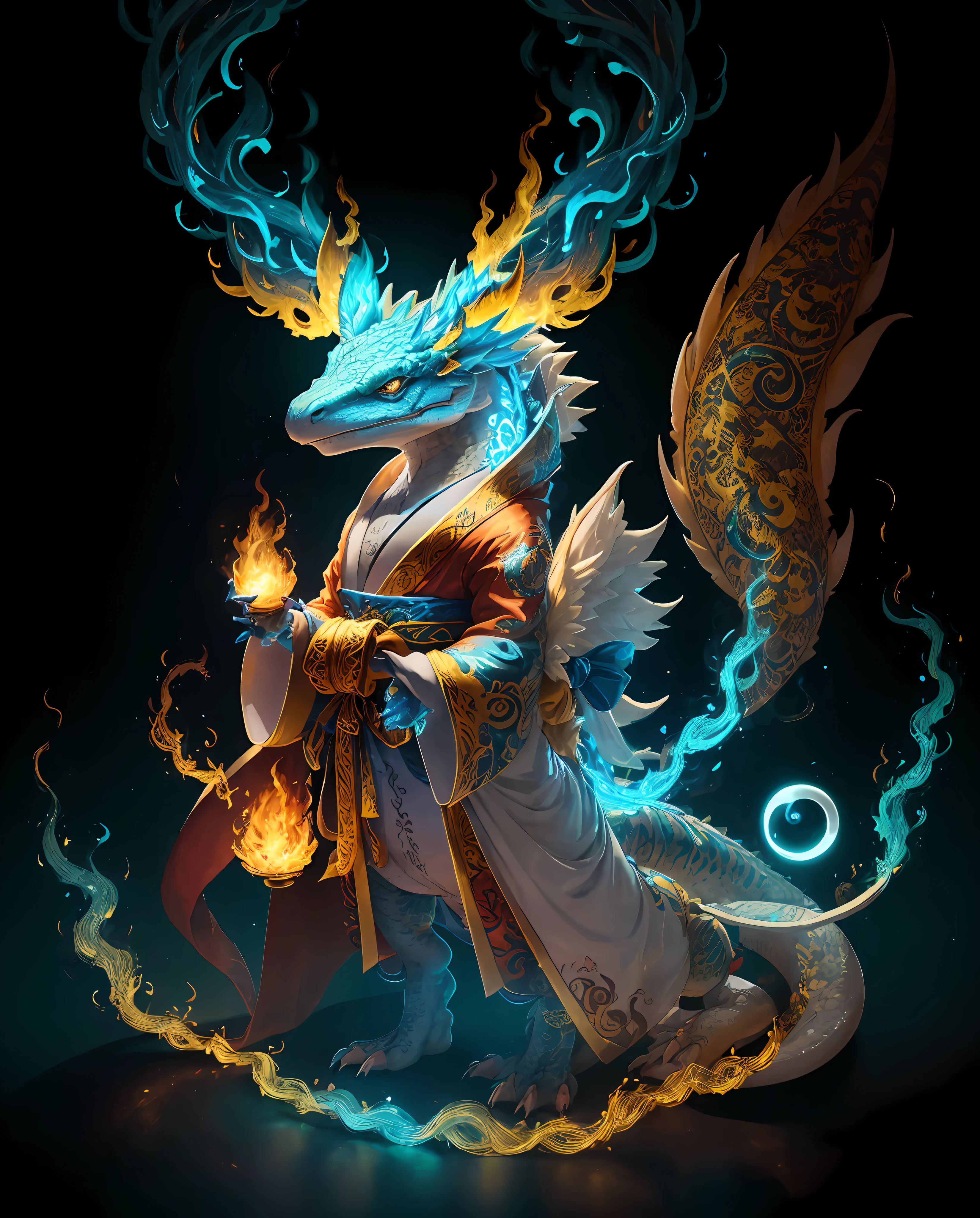 anthropomorphic lizard, Vivid yellow scales, Escamas brancas da barriga, white-necked fluffy, Tatuagens de Ying-Yang, membros envoltos em chamas azuis claras, Caudas de kitsune amarelas coroadas em chamas azuis claras, robe de fita listrado vermelho e branco com ouro nas extremidades, obra de arte, melhor qualidade