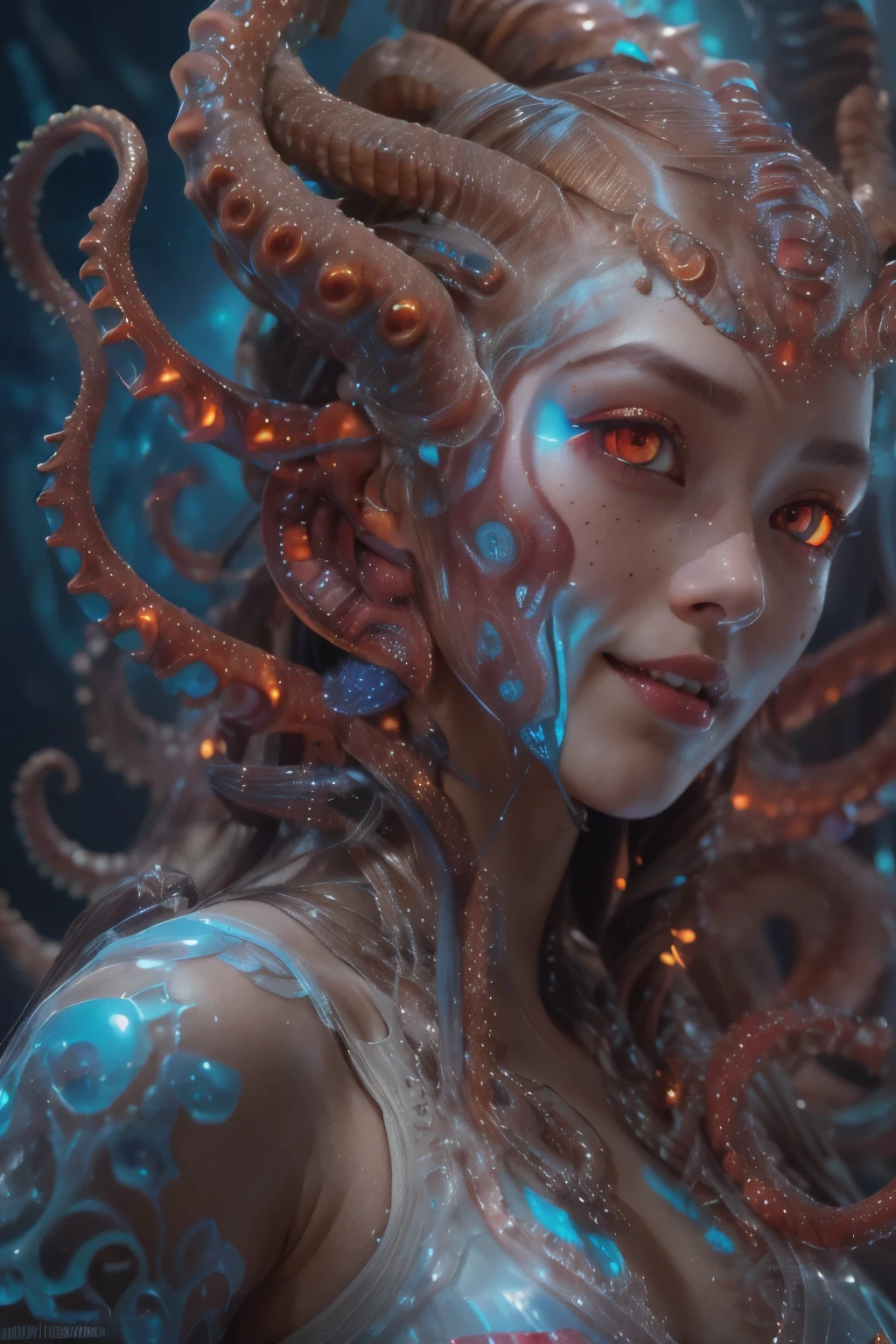 best quality, masterpiece, ultra high resolution, (photos realistic:1.7), scary and sexy detailed art in color, Portrait, (beautiful and obscene female alien:1.4), (vulgarity1.7), (she has red eyes with no pupils:1.8), (Translucent blueskin:1.7), (There is a female genital-like organ in the middle of the forehead:1.9), (The most beautiful face in the history of the universe:1.2),an evil gaze that seduces, (large mouth:1.1), (sharp teeth like a vampire:1.2), Full body portrait, (bio luminescent:1.5), (Smile wickedly:1.3), (sexypose:1.5), alien, No humans, cells are fused, (Lots of translucent tentacles:1.3) extraterrestrial, cell, bio image, best quality, 8K,In 4K_quality, High freshness, Dramatic Lighting, masutepiece:1.5,cinematic quality, detail up, (exquisite details:1.2), high resolution, High freshness, drawing faithfully, (Thick eyebrows:1.2), Beautiful eyes with fine symmetry,(Highly detailed face and eyes:1.2), Intimate face, (Super detailed skin quality feeling:1.4), perfect anatomy, (Beautiful toned body:1.5), (Moist skin:1.2), not wearing makeup, (dark circles:1.1), long canines, cinematic drawing of characters, ultra high quality model, cinematic quality, detail up, (exquisite details:1.2), high resolution, High freshness, drawing faithfully, official art, Unity 8K Wall paper, best quality, Very high resolution, ultra detailed artistic photography, midnight aura, unreal engine 5, Ultra Sharp Focus, art by Amano Yoshitaka, ArtGerm, Roisch, intricate artwork,ultra realistic realism, dream-like, nautilus, Creation of fantasy, Snail, Dream Snail, (biopunk nautilus:1.3),Thrilling color schemes, ultra realistic realism, seductively smiling, Blue tentacles, Amazing mutation, well-proportioned body, goddess of the deep sea