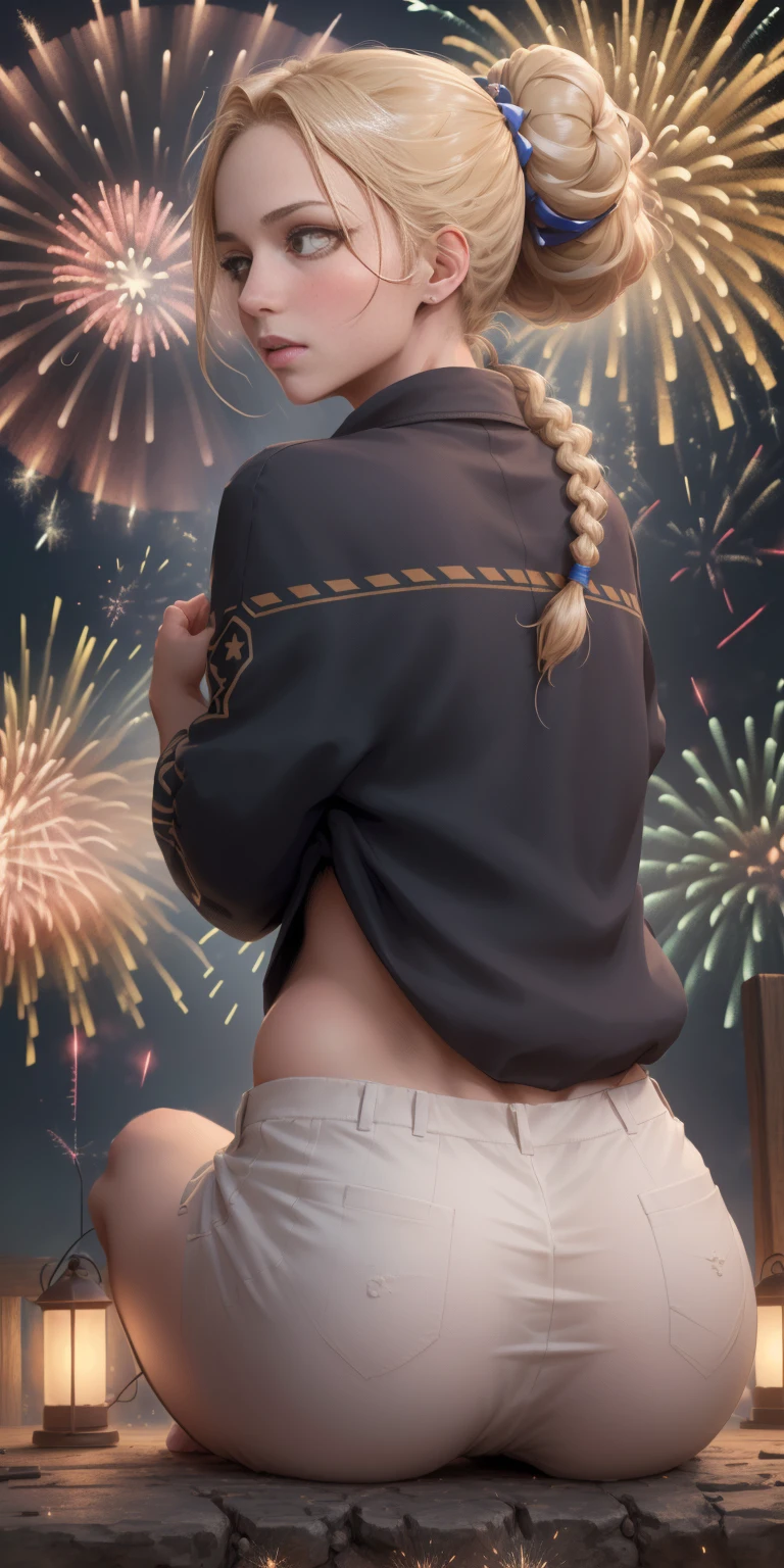 (((masterpiece))), (1girl:1.5), hyper detailed, highres, ((best quality)), (extremely delicate and beautiful), {8k cg wallpaper}, illustration, (blush), (braided ponytail | ponytail | hairbun), (extremely detailed background:1.6), (very long black hair|blonde hair), detailed face, night, festival, (kimono:0.7), outdoors, lantern, (fireworks:1.4), paper lantern, snow, wind, snowflakes, hair ornament, open eyes (blind really white eyes), (from behind:1.3), sitting, river, riverbank, starry sky, (holding hands:0.6), leaning on person, pointing, on heaven
