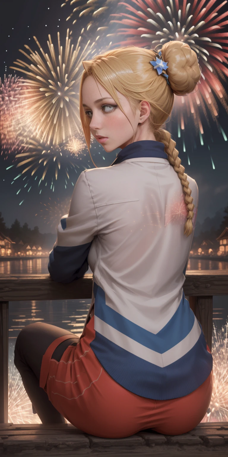 (((masterpiece))), (1girl:1.5), hyper detailed, highres, ((best quality)), (extremely delicate and beautiful), {8k cg wallpaper}, illustration, (blush), (braided ponytail | ponytail | hairbun), (extremely detailed background:1.6), (very long black hair|blonde hair), detailed face, night, festival, (kimono:0.7), outdoors, lantern, (fireworks:1.4), paper lantern, snow, wind, snowflakes, hair ornament, open eyes (blind really white eyes), (from behind:1.3), sitting, river, riverbank, starry sky, (holding hands:0.6), leaning on person, pointing, on heaven
