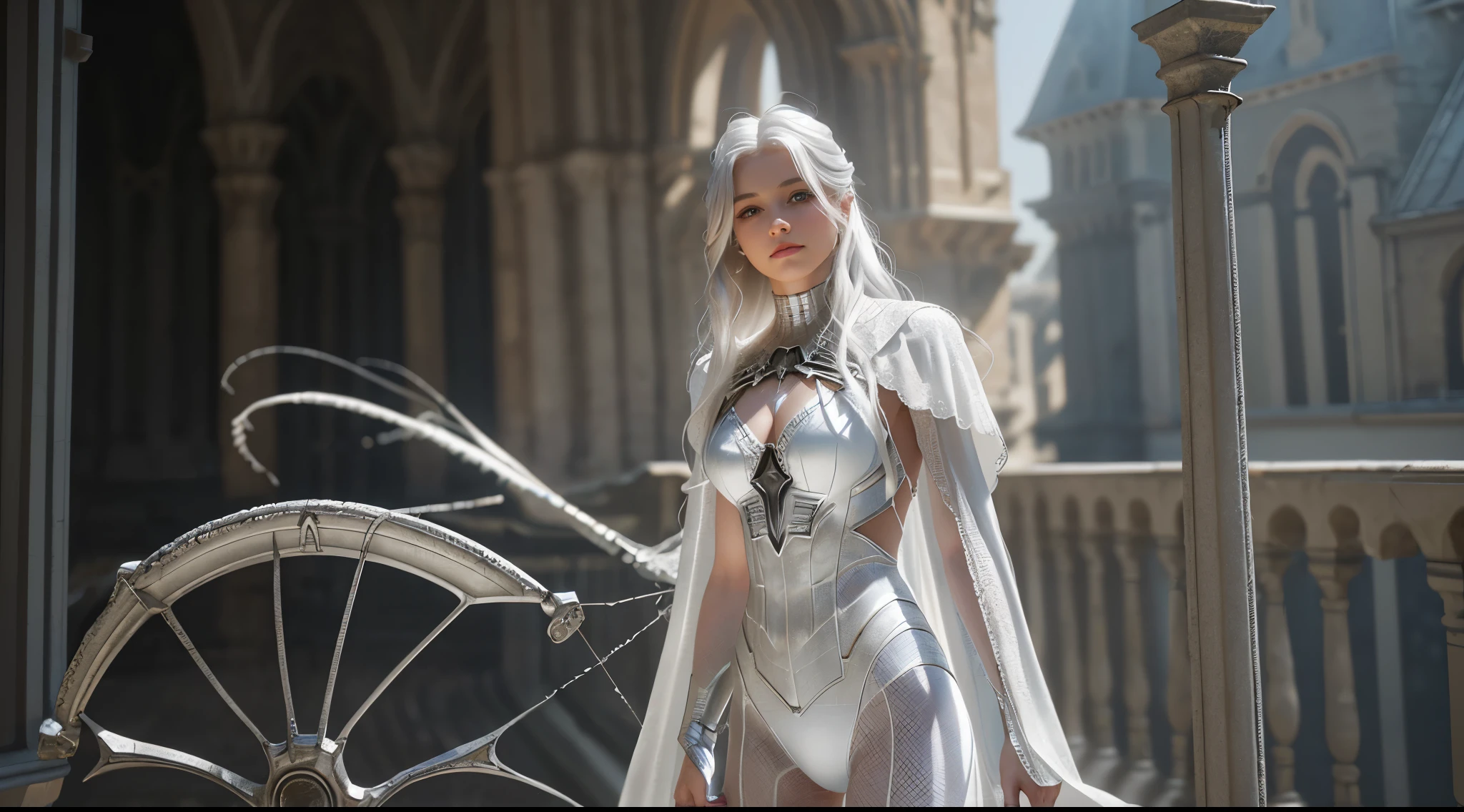 (Extreme Detail CG Unity 8K wallpaper, masterpiece, highest quality), (Exquisite lighting and shadow, highly dramatic picture, Cinematic lens effect), a beautiful girl in a white Spider-Man costume, white lingerie, silver gray hair color, long hair, from the Spider-Man parallel universe, Wenger, Marvel, Spider-Man, on the ancient tower, very beautiful face, dynamic pose), (excellent detail, excellent lighting, wide angle), (excellent rendego on ancient tower, enough to stand out in its clasocus on white Spider-Man costumes, complex spider textures