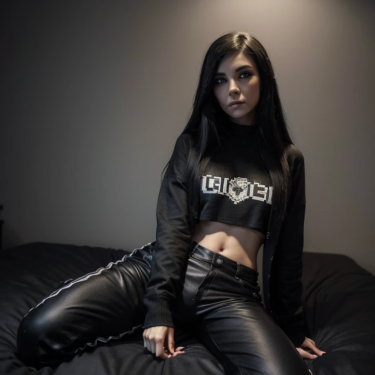 (arte de pixel: 1.2), Beautiful Gothic Women, sexy goth girl, casaco de moletom de designer com logotipos, pants, cabelo preto curto com pontas azuis, quarto, deitado na cama, (Direction: Isaac quek: 0.8) [por Ilya Kuvshinov: 0.65]