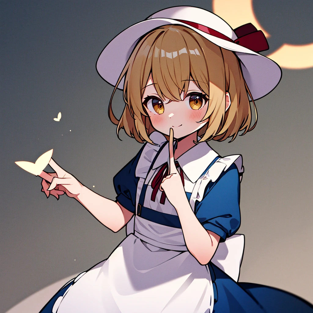 masterpiece, best quality, 1 girl, solo, , child, 10 years ol, red ribbon, middle blonde hair, golden eyes, short puffy sleeves, white clothes, white apron, blue skirt, blue ruffles, collarbone, gentle smile, Kana Anaberal, Poltergeist, pinafore, upper body, put index finger on mouth