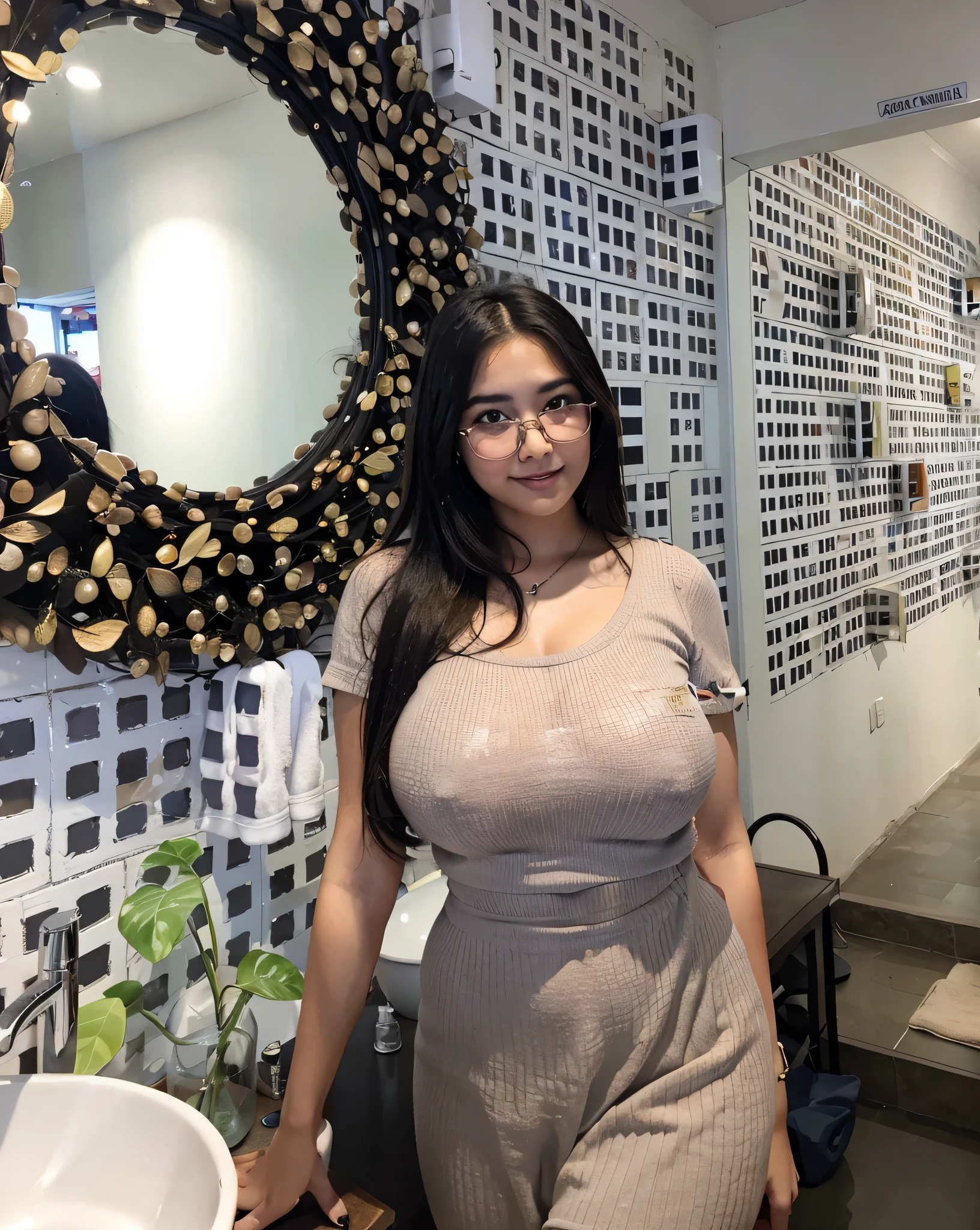 there is a woman standing in front of a mirror in a bathroom, sie boob, thicc, 21 years old, 2 , she has a jiggly fat round belly, (((((with a large breasts))))), busty, with large breasts, beautiful indonesian teenager, 1ars old, thick neck, 2 3 years old, 2 , smile, wear g