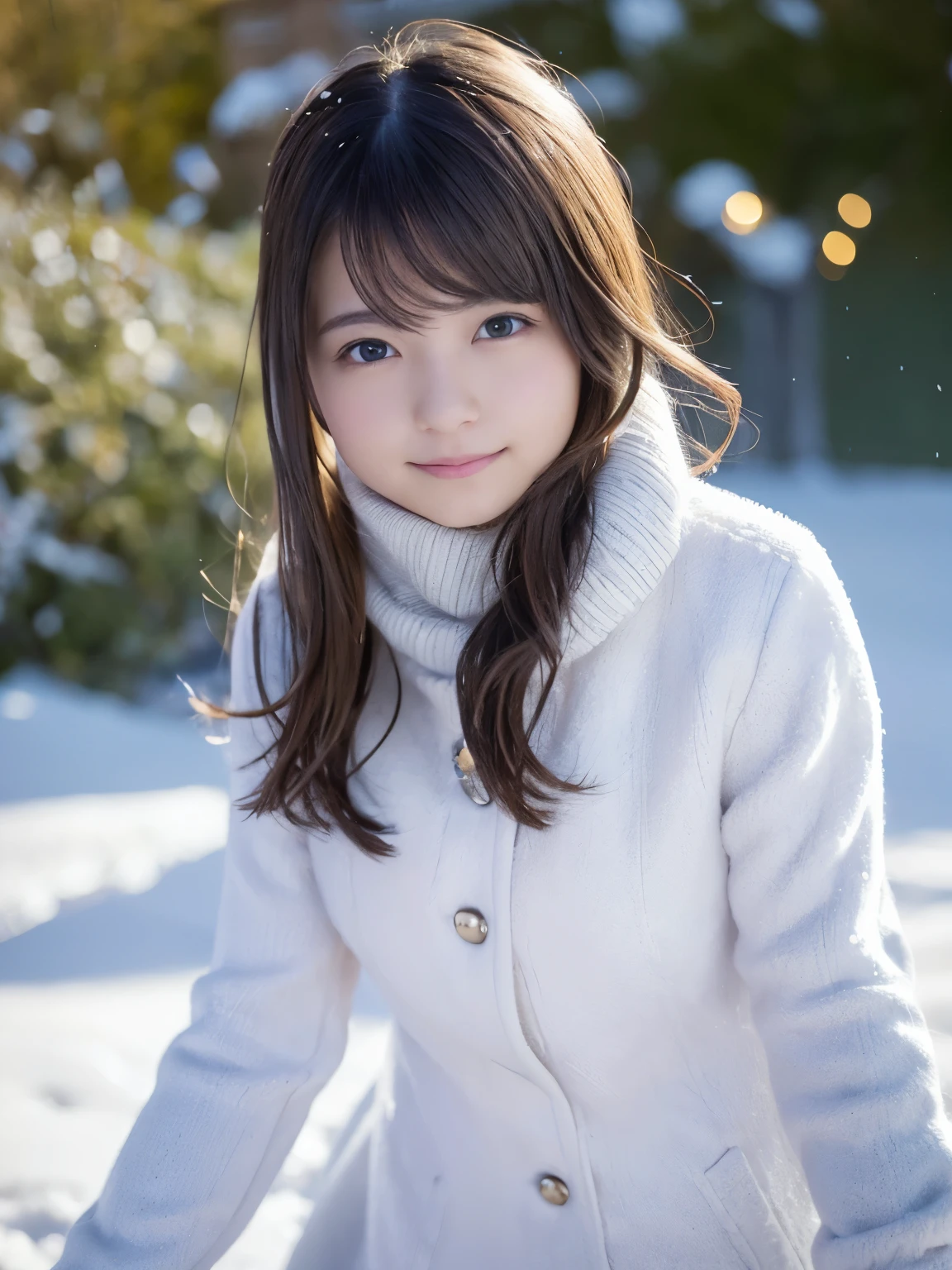 with a 20 year old girl, snow scene, winter wonderland, cute and innocent look, rosy cheeks, sparkling eyes, warm winter clothes, Pose with movement、footsteps in the snow, falling snowflakes, Frosty tree, snow ground, soft snow texture, gentle and delicate lighting, pastel color palette, dreamy atmosphere, quirky and magical, High resolution masterpiece:1.2, super detailed, realistic:1.37, Bright colors, Bokeh、innocent smile、hair blowing in the wind、close up of face、Rear view、With a smile、sexy look