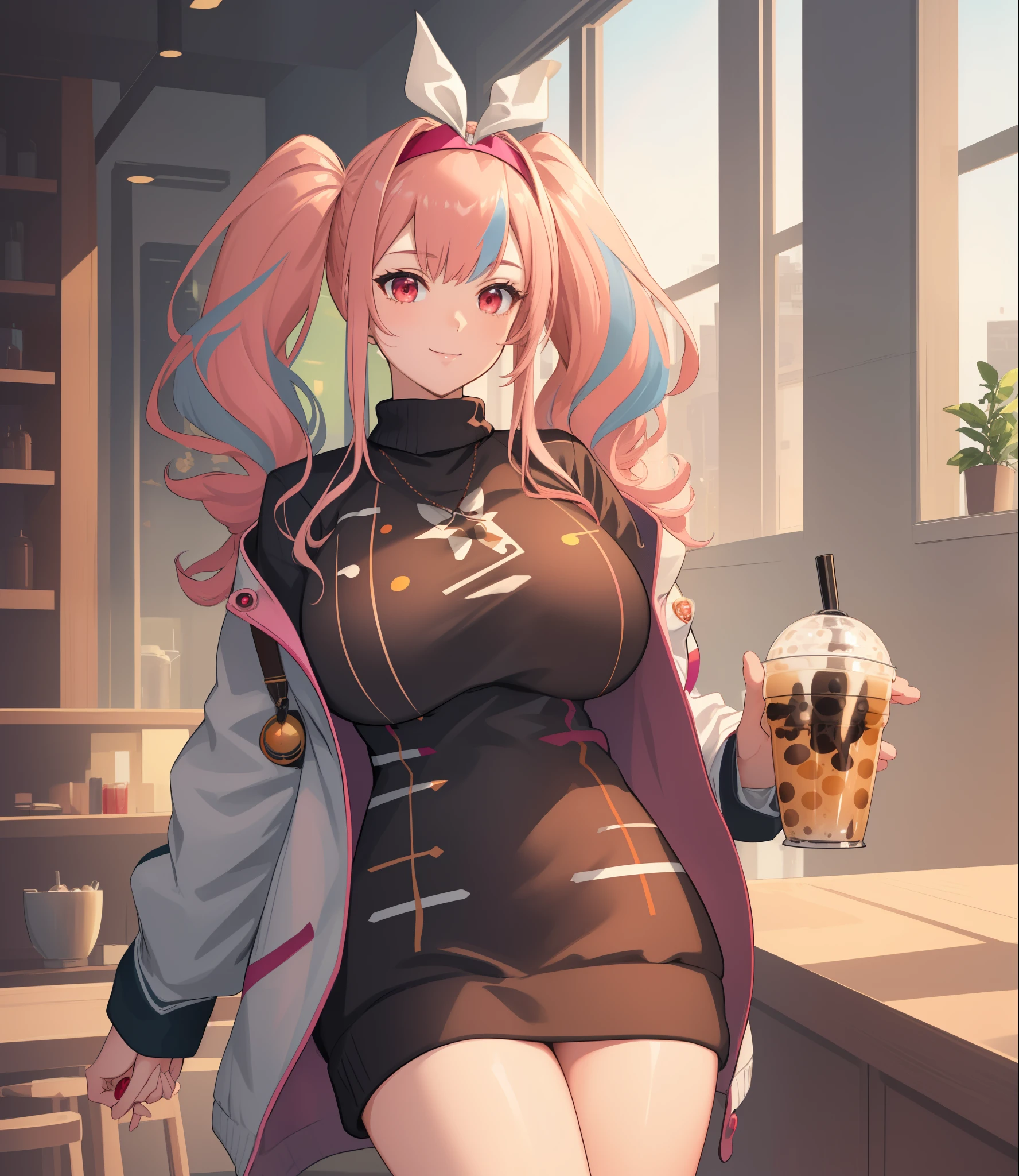 (extremely detailed CG unity 8k wallpaper), (((masterpiece))), (((best quality))), ((ultra-detailed)), (((illustration))), (best shadow), ((an extremely delicate and beautiful)), (detailed light), (well designed face), amazing face, (super detailed), cinematic shot, beautiful detailed eyes, detailed background, 1girl, ((pink hair)), multicolored hair, ((red eyes)), ((short twintails)), (headband), halterneck, huge breasts, firts rate breasts, first rate female bodies, (sweater), white jacket, open jacket, upper body, inside a cafe, interior design, bewitching thighs, smile, cowboy shot, ((hand holding a boba drink)),