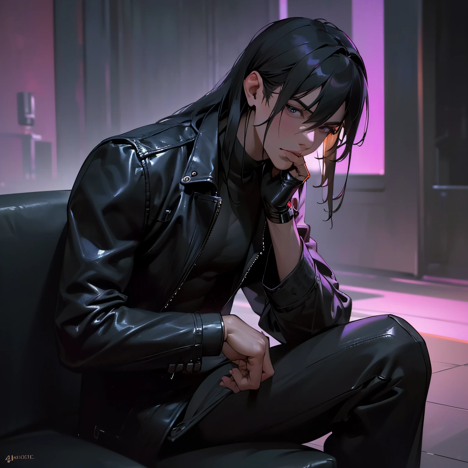(best quality,4k,8k,highres,masterpiece:1.2),ultra-detailed,(realistic,photorealistic,photo-realistic:1.37),male, couch,, black pants,black shirt, black leather jacket,muscular body,narrowed eyes,black hair,night ambience, mysterious,night club background, cyberpunk,dark
