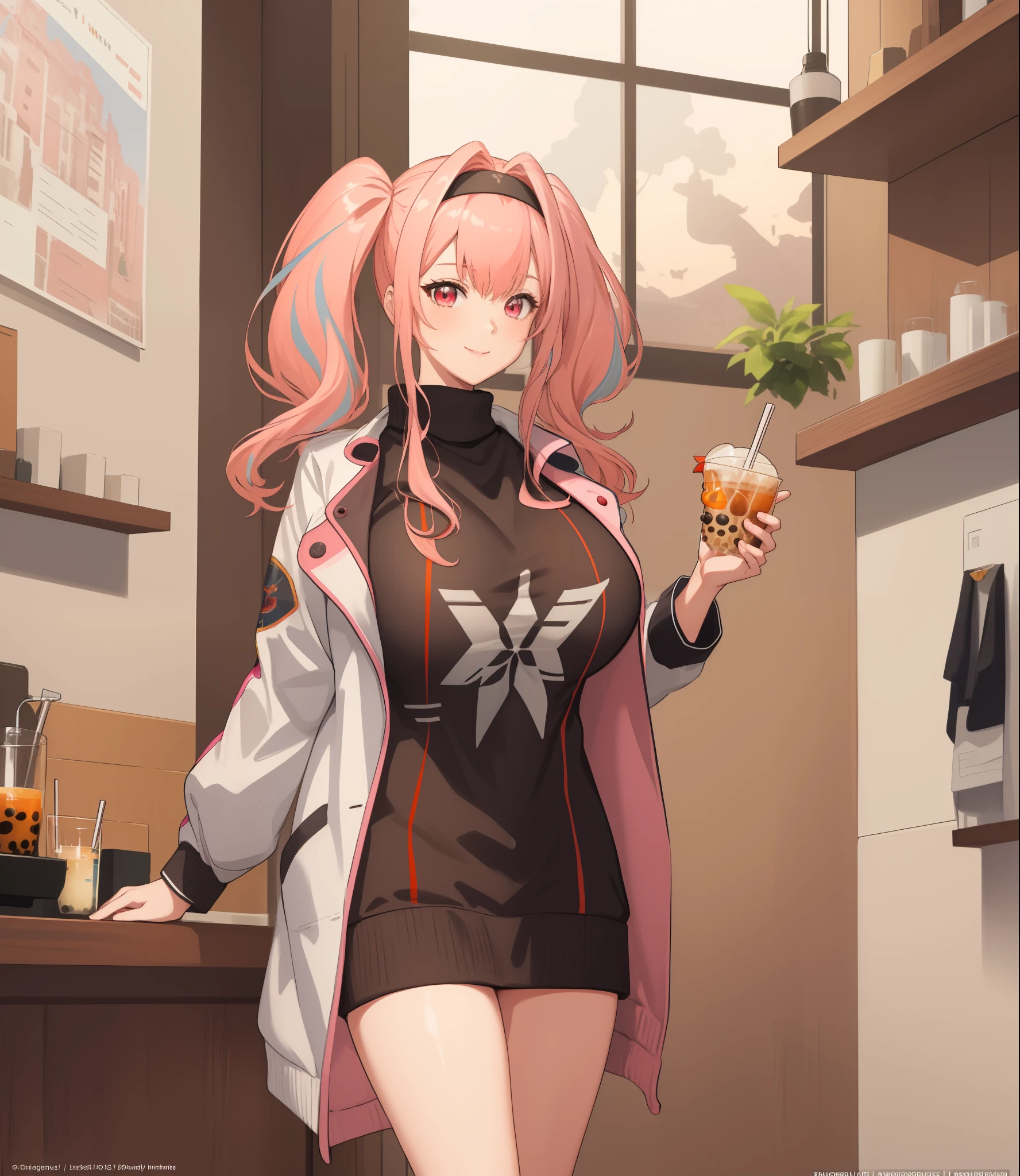 (extremely detailed CG unity 8k wallpaper), (((masterpiece))), (((best quality))), ((ultra-detailed)), (((illustration))), (best shadow), ((an extremely delicate and beautiful)), (detailed light), (well designed face), amazing face, (super detailed), cinematic shot, beautiful detailed eyes, detailed background, 1girl, ((pink hair)), multicolored hair, ((red eyes)), ((short twintails)), (headband), halterneck, huge breasts, firts rate breasts, first rate female bodies, (sweater), white jacket, open jacket, upper body, inside a cafe, interior design, bewitching thighs, smile, cowboy shot, ((hand holding a boba drink)),