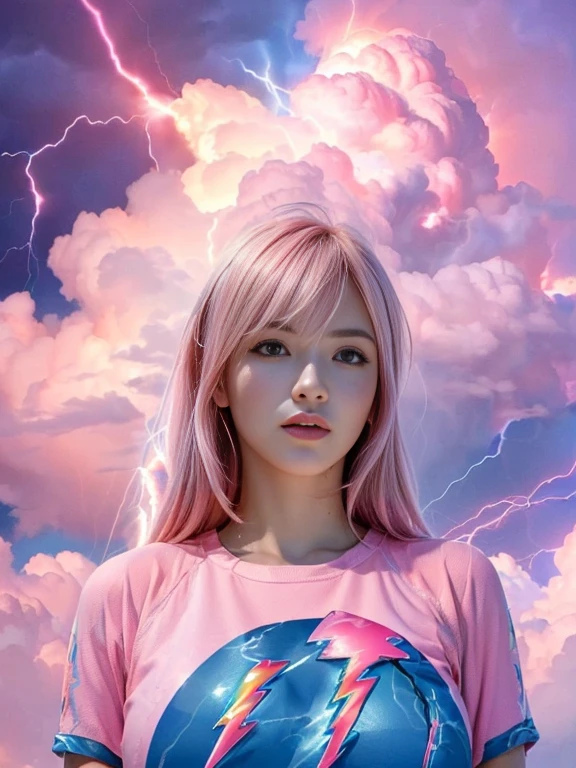 (realistic:1.5),((masterpiece)),(colorful:1.5),((best quality)),((ultra-detailed)),(8k), (huge breast:1.5), beautiful body, bangs , (metallic pink hair:1.2),
( world with countless lightning strikes from the sky covered with dreamy pink clouds:1.5),(detailed blue tight shirts:1.4)