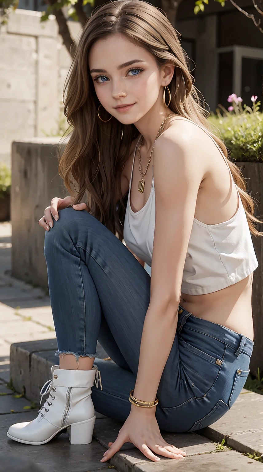 22 year old white female、Hair color is brunette、blue eyes、long hair、The ends of the hair are wavy、setting hair、accessories on wrist、wearing a necklace、has earrings、skin is smooth、Slender but muscular body、smile、Wearing American armhole tops、wearing skinny jeans、smile、I'm wearing short boots、Sitting on a stone block in the city looking at me