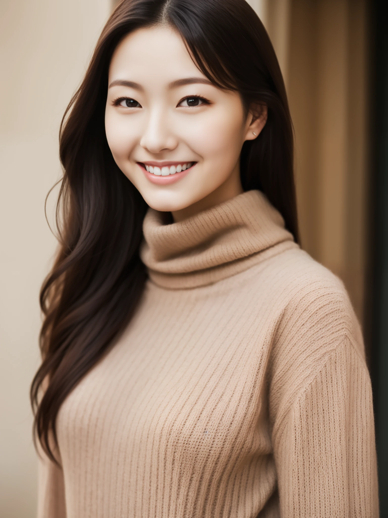 hostess face、turtleneck wool sweater、high quality、surreal、healthy、smiling face、perfect slender figure、beautiful japanese woman、 perfect eyes、beautiful skin、Upper body、winter downtown