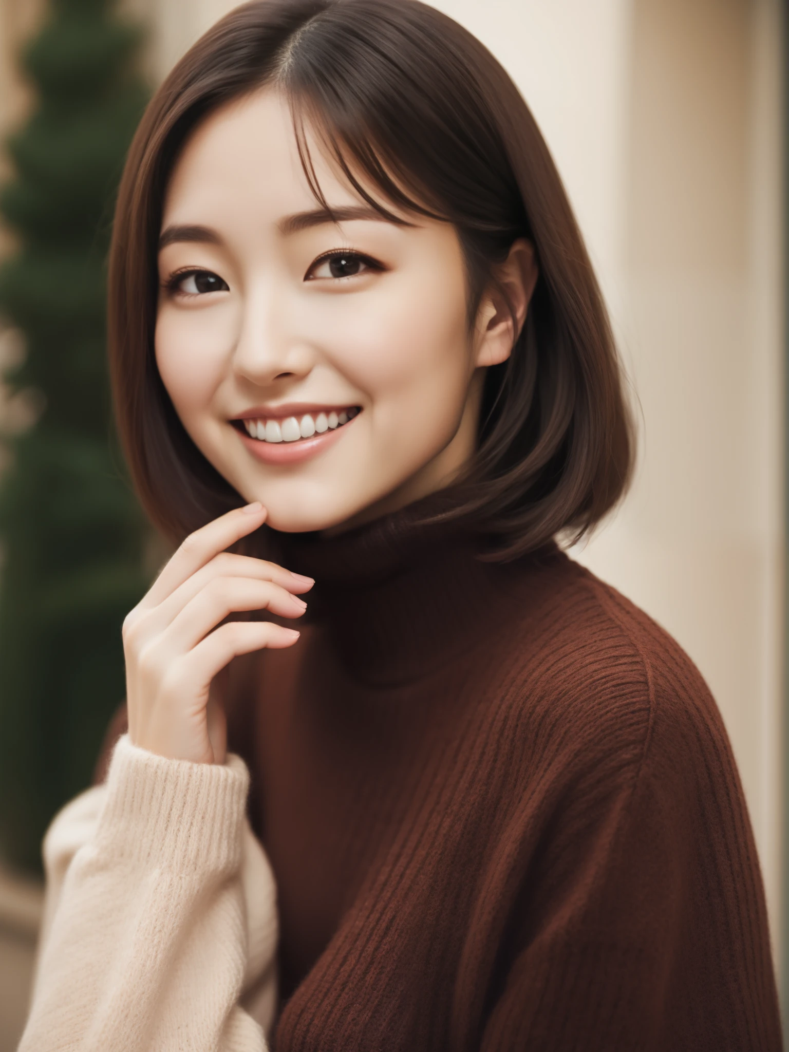 hostess face、turtleneck wool sweater、high quality、surreal、healthy、smiling face、perfect slender figure、beautiful japanese woman、 perfect eyes、beautiful skin、Upper body、winter downtown