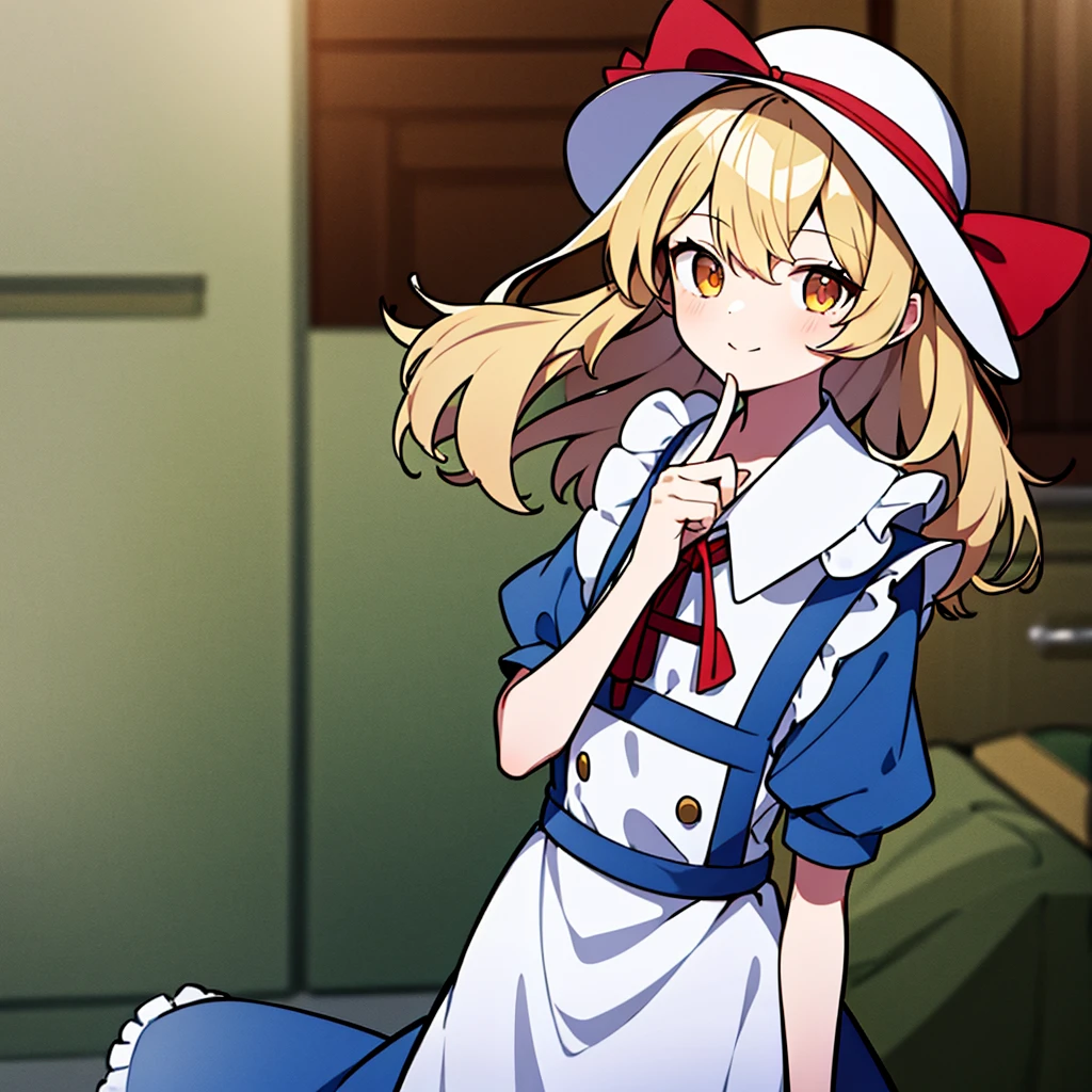 masterpiece, best quality, 1 girl, solo, little girl, child, 10 years old, white hat, red ribbon, middle blonde hair, golden eyes, short puffy sleeves, white clothes, white apron, blue skirt, blue ruffles, collarbone, gentle smile, Kana Anaberal, Poltergeist, pinafore, upper body, put index finger on mouth