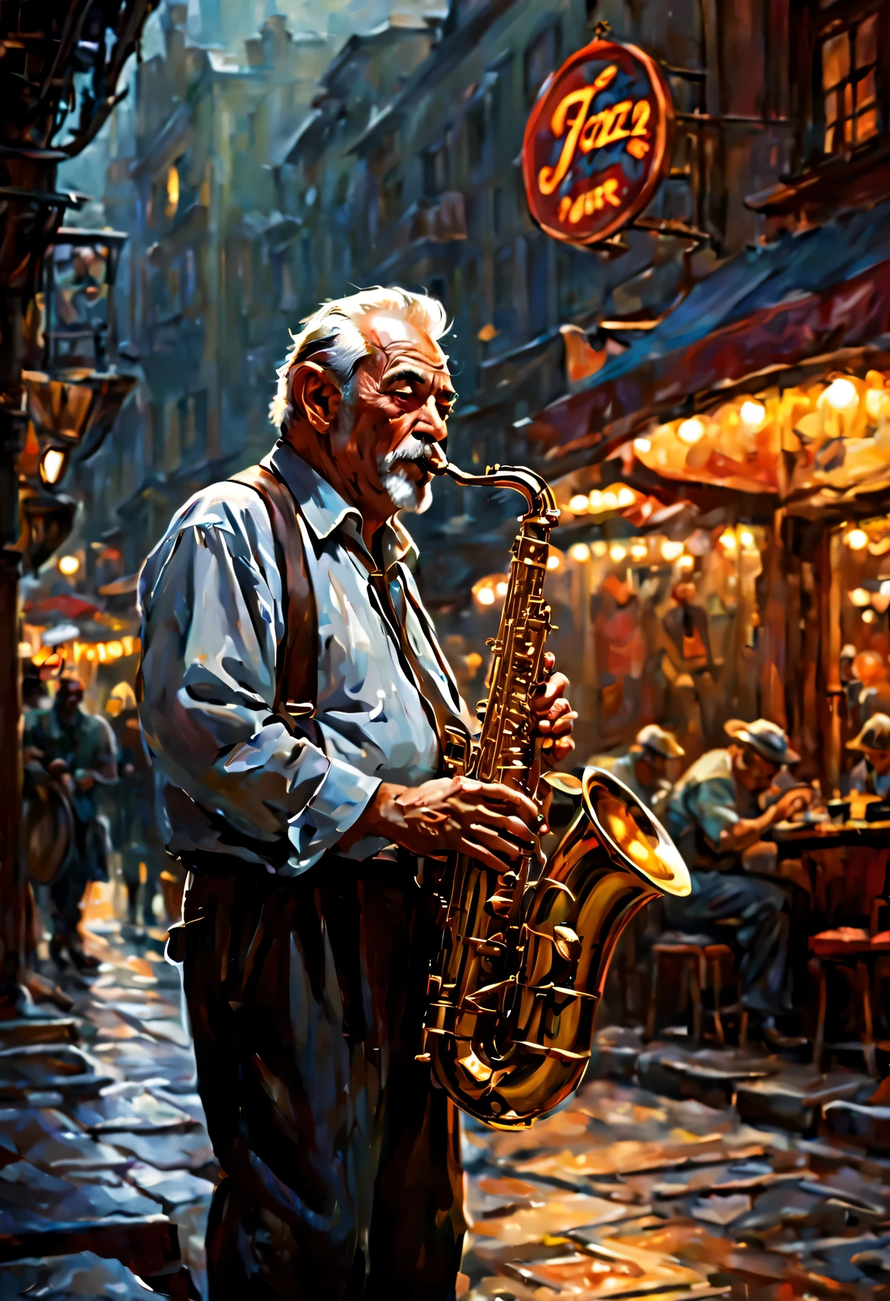 1 old man、Saxophonist、jazz player、deep shadows、Oil painting style、jazz bar background、 dramatic lighting, extremely realistic, 8k,
insane details, intricate, bokeh, taken with a 60mm lens, ISO 300, f/4, 1/200th,
vivid colors, by Pino Daeni, Vincent van Gogh, Luis Royo, Frank Frazetta