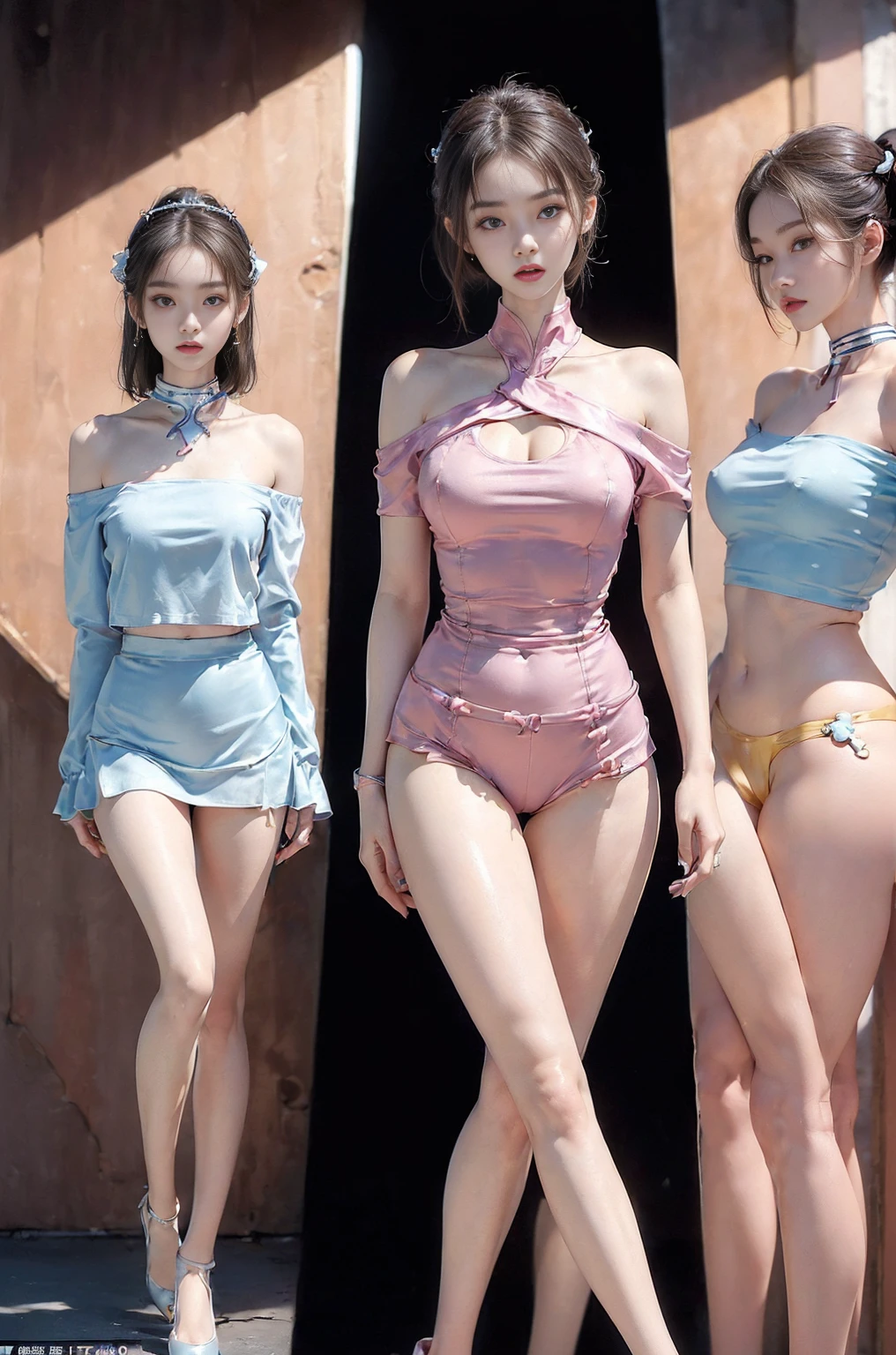 (masterpiece, best quality), pale skin, (baby face), Island beach background, (Purely off-the-shoulder, Short transparent top, high waist skirt, tight mini skirt:1.3), (Skinny Thighs:1.9, Yao Liu, lose weight, long legs, thin legs:1.9), blonde hair, (huge , lift your hips, straight legs), Show belly button, (Wide thigh clearance:1.6, wide gap between thighs:1.6), whole body forward, Nipple protrusion, pink breast bulge, Camel toe bump, (Facing Teenage Barbara Palvin)