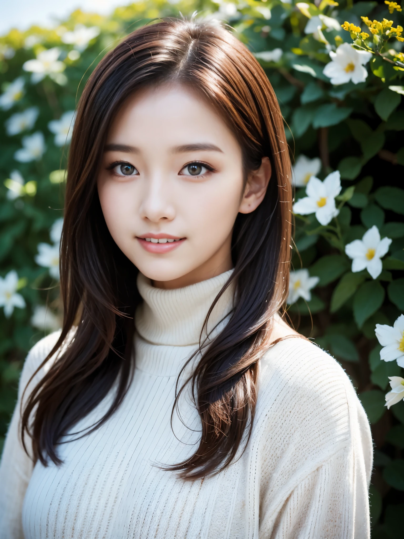 masterpiece,dslr photography,analog style,nikon d5,real photos,beautiful 20 year old woman photo,dramatic lighting (85mm),Against the backdrop of a blooming garden,(detailed facial features),(fine shiny eyes),dynamic angle,michelangelo style,long hair,turtleneck sweater,smile:1.4,