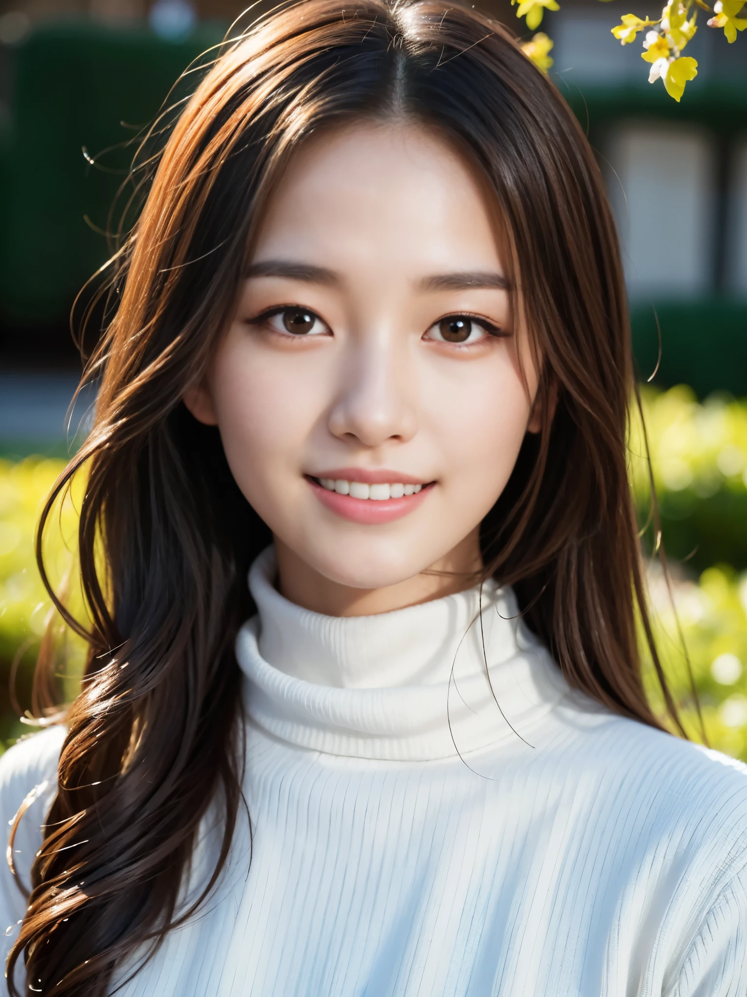 masterpiece,dslr photography,analog style,nikon d5,real photos,beautiful 20 year old woman photo,dramatic lighting (85mm),Against the backdrop of a blooming garden,(detailed facial features),(fine shiny eyes),dynamic angle,michelangelo style,long hair,turtleneck sweater,smile:1.4,