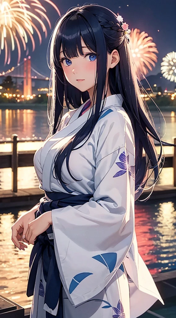 1 girl、dark blue hair、long hair down to the waist、dark blue eyes、cute、blush、night、along the river、Fireworks Festival、white yukata、she、big breasts、Open yukata
