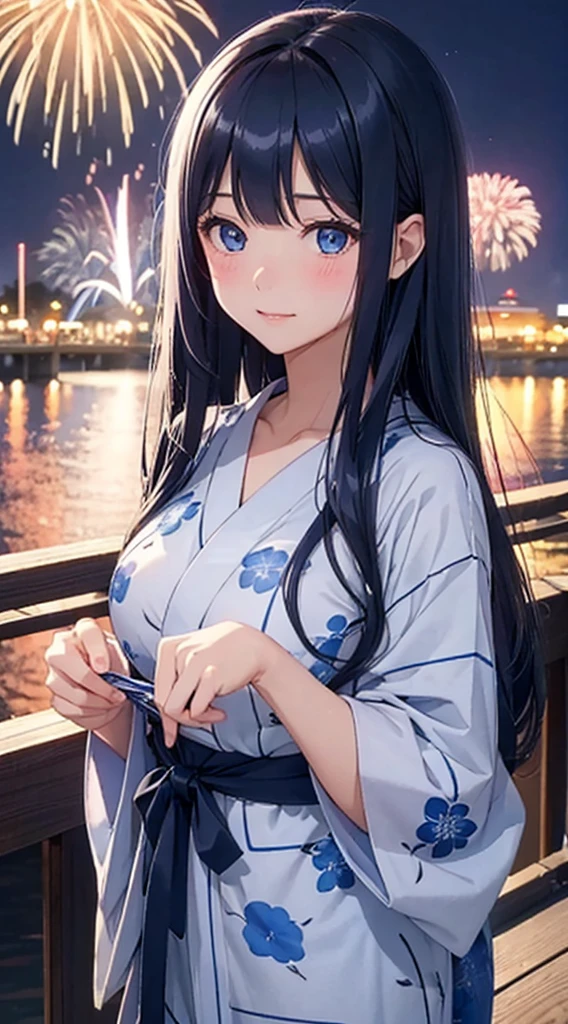 1 girl、dark blue hair、long hair down to the waist、dark blue eyes、cute、blush、night、along the river、Fireworks Festival、white yukata、she、big breasts、Open yukata