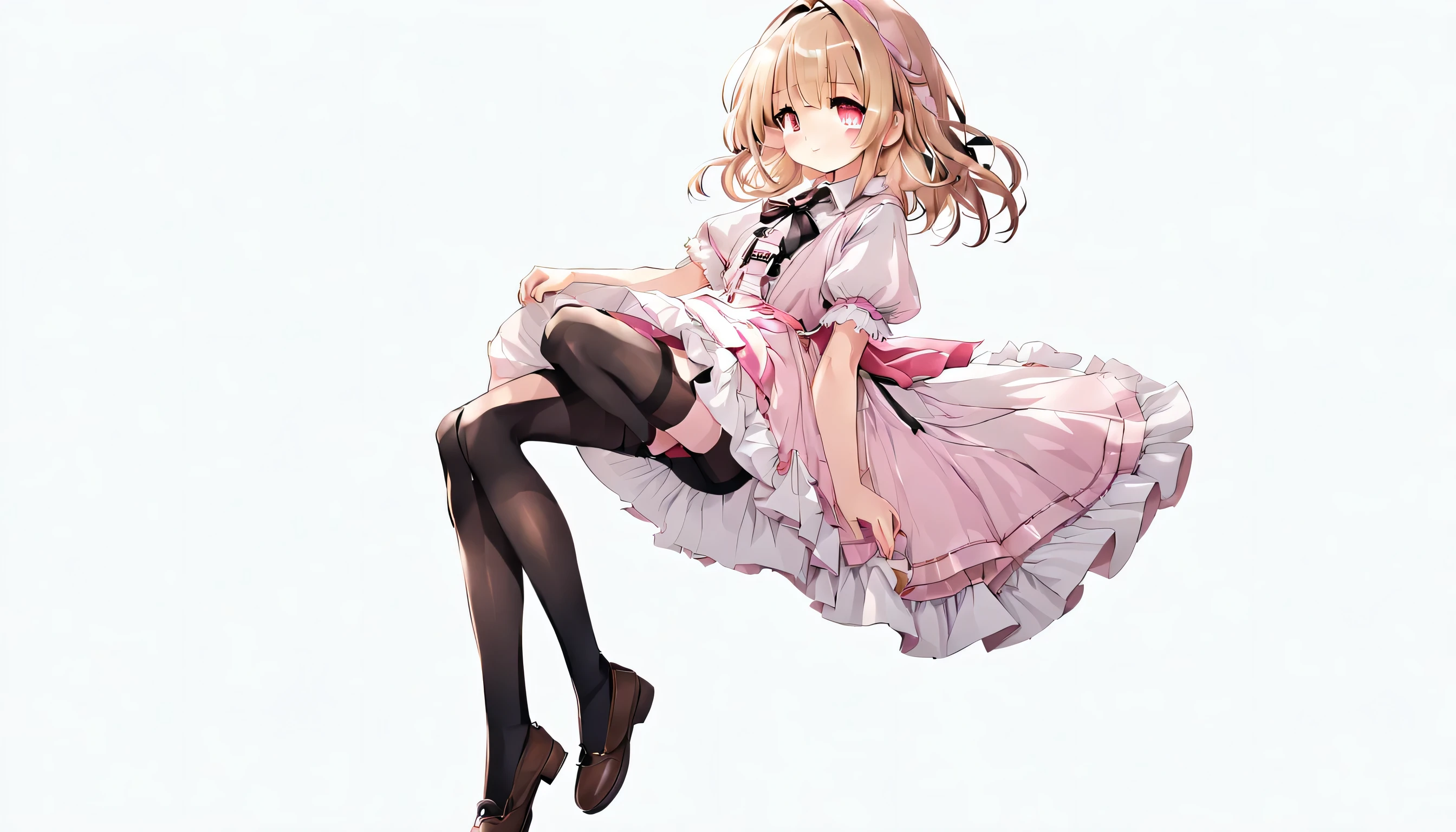 (melhor qualidade, estilo anime: 1.2), Garota, little Garota, cabelo castanho claro longo, vestido rosa e branco, meias pretas, corpo todo, fundo branco