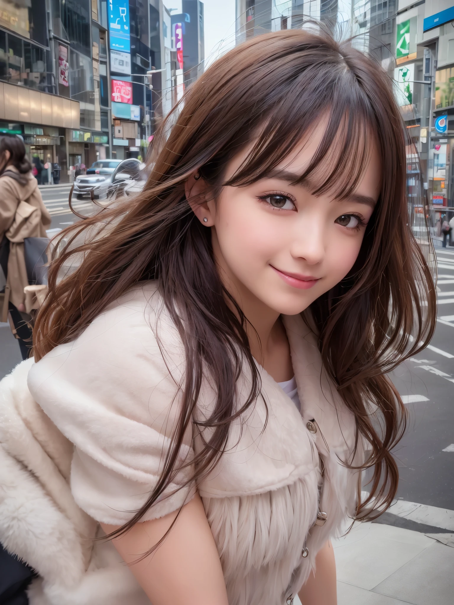 (Highly detailed CG Unity 8K wallpaper, top quality, super detailed, High resolution, table top, realistic, realistic:1.5), (Detailed face of cute Japanese girl, face focus, beautiful and fine eyes, focus of the eye, (detailed background), detailed outfit, super dense skin, (Wear cute clothes or skirts:1.6), (wearing a plump and fluffy coat:1.5), (Sidewalks in Shibuya:1.5), Midi wavy hair, brown hair, floating hair, medium breasts, morning、how to wake up correctly), (adorable smile:1.3), (looking at the viewer:1.4), ((dynamic pose)), (Yuki:1.6),