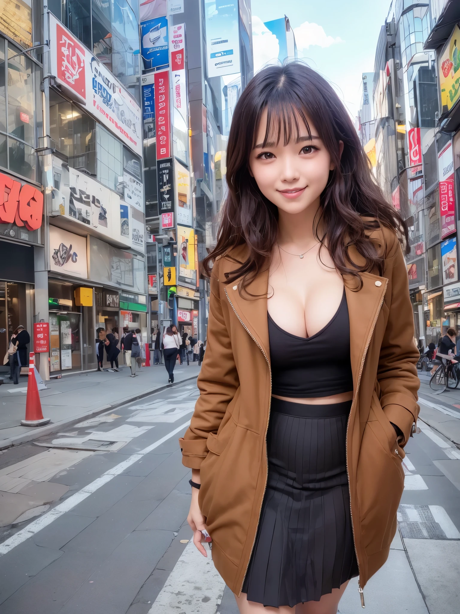 (Highly detailed CG Unity 8K wallpaper, top quality, super detailed, High resolution, table top, realistic, realistic:1.5), (Detailed face of cute Japanese girl, face focus, beautiful and fine eyes, focus of the eye, (detailed background), detailed outfit, super dense skin, (Wear cute clothes or skirts:1.6), (wearing a plump and fluffy coat:1.5), (Sidewalks in Shibuya:1.5), Midi wavy hair, brown hair, floating hair, medium breasts, morning、how to wake up correctly), (adorable smile:1.3), (looking at the viewer:1.4), ((dynamic pose)), (Yuki:1.6),