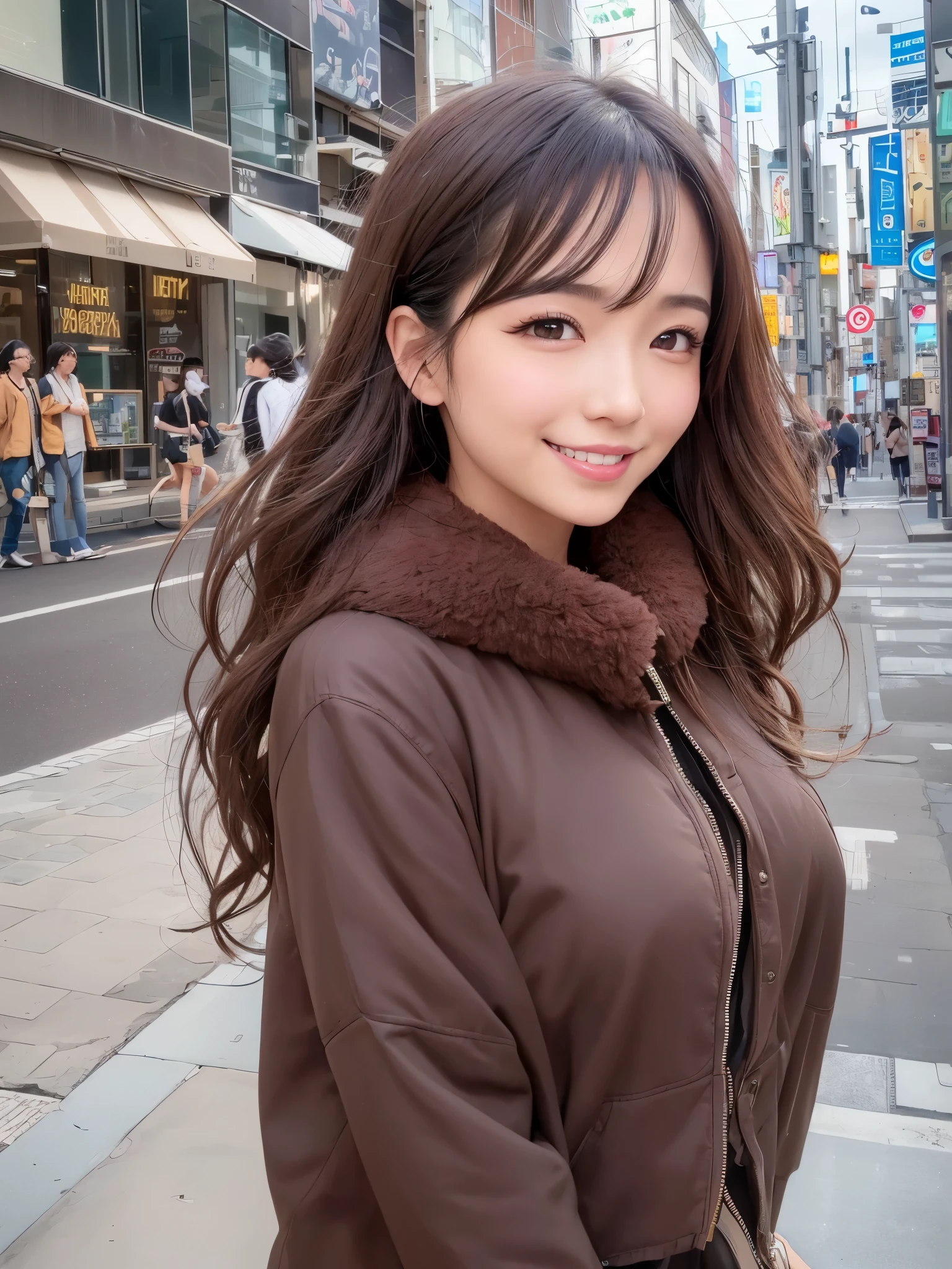 (Highly detailed CG Unity 8K wallpaper, top quality, super detailed, High resolution, table top, realistic, realistic:1.5), (Detailed face of cute Japanese girl, face focus, beautiful and fine eyes, focus of the eye, (detailed background), detailed outfit, super dense skin, (Wear cute clothes or skirts:1.6), (wearing a plump and fluffy coat:1.5), (Sidewalks in Shibuya:1.5), Midi wavy hair, brown hair, floating hair, medium breasts, morning、how to wake up correctly), (adorable smile:1.3), (looking at the viewer:1.4), ((dynamic pose)), (Yuki:1.6),