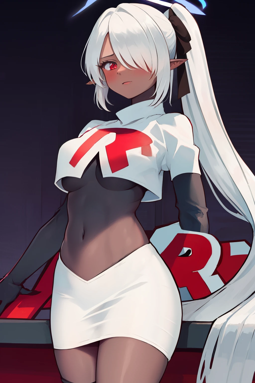 best quality, masterpiece, highres, solo, {iori_bluearchive:1.15}, long_hair, twintails, red_eyes, grey_hair, pointy_ears, hair_over_one_eye, dark_skin, dark-skinned_female, bangs, blush, halo, breasts, ribbon, hair_ribbon, very_long_hair, black_ribbon, medium_breasts, 1girl, team rocket,team rocket uniform,white skirt,red letter R,crop top,black thigh-highs,black elbow gloves