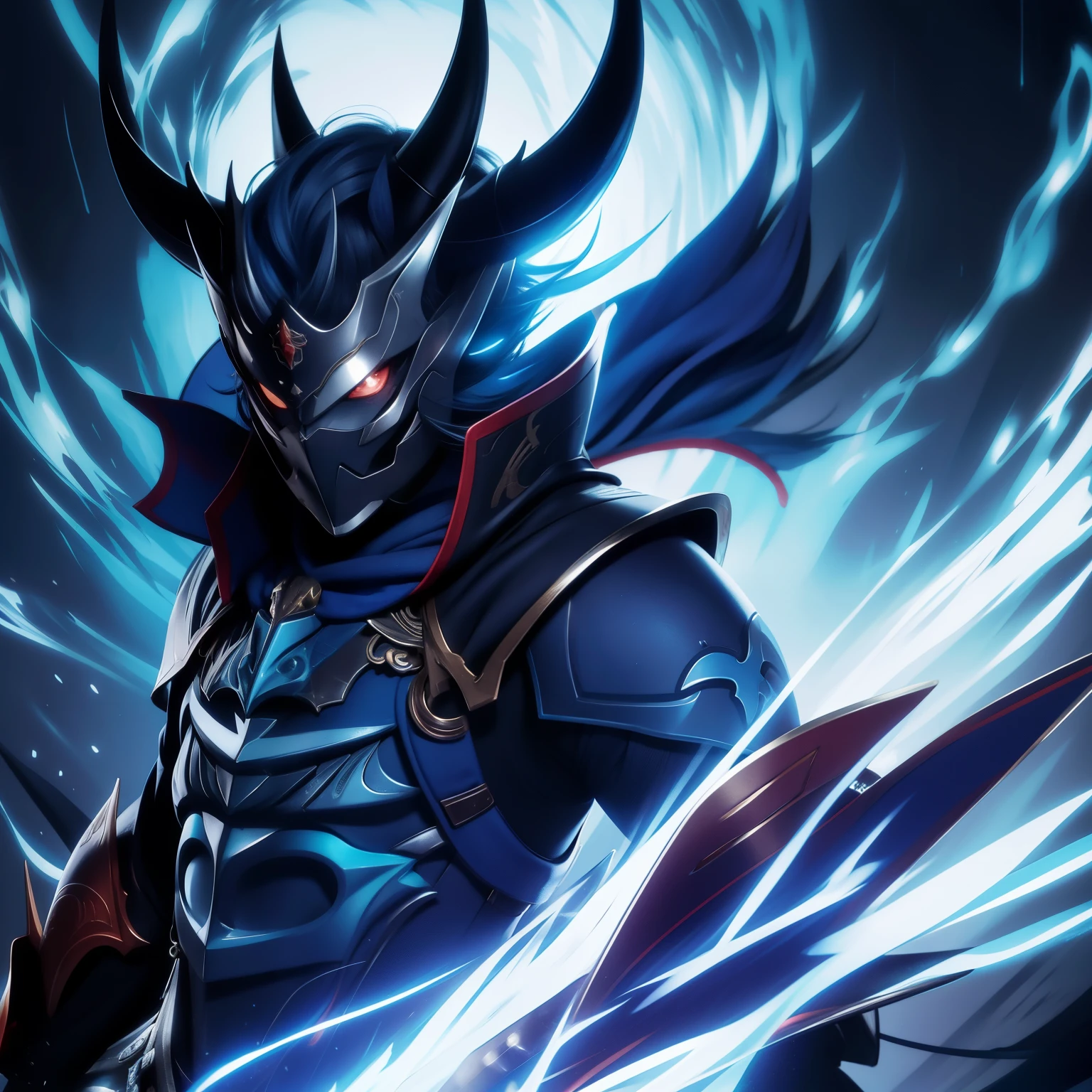 anime, um homem com chifres e uma roupa azul segurando uma espada, Samurai demon warrior, Samurai demon, epic fantasy digital art style, anime foda 8k, Dragon Knight, arte oficial, epic fantasy art style hd, demon hero, epic fantasy art style, demonic armor, Lich Demon Mage Classe, Epic Anime Art, papel de parede splash art arte promocional