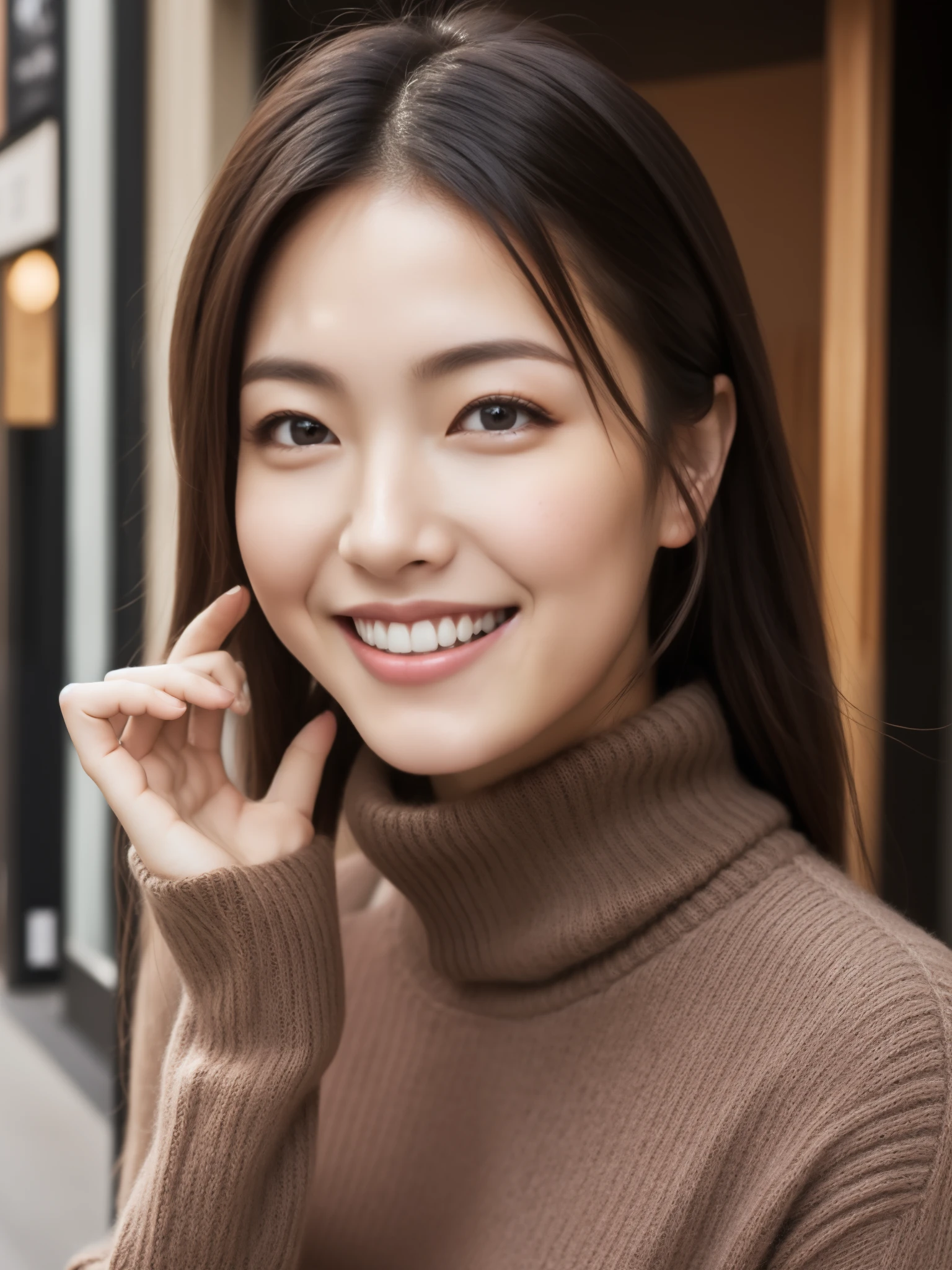 hostess face、turtleneck wool sweater、high quality、surreal、healthy、smiling face、perfect slender figure、beautiful japanese woman、 perfect eyes、beautiful skin、Upper body、Ginza Street