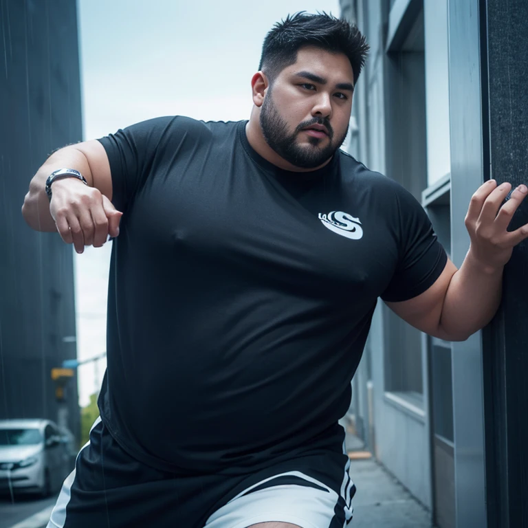 A male fat man，cracked sportswear，rain，Handsome，short hair，Sense of heaviness，The belly is very round，Plump，muscle，Hirsutistic，Asian bear illustration，