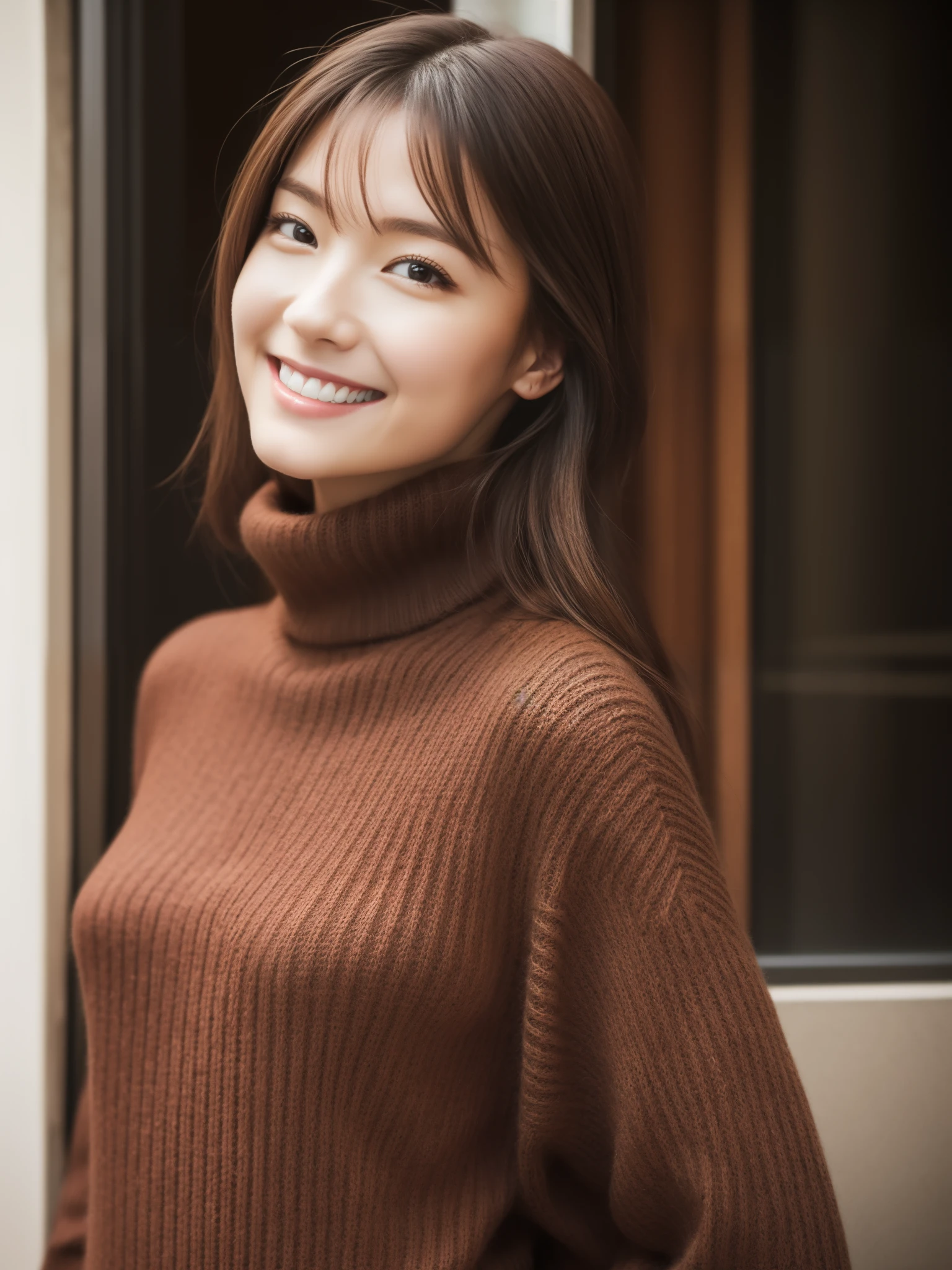 hostess face、turtleneck wool sweater、high quality、surreal、healthy、smiling face、perfect slender figure、beautiful japanese woman、 perfect eyes、beautiful skin、Upper body、Ginza Street