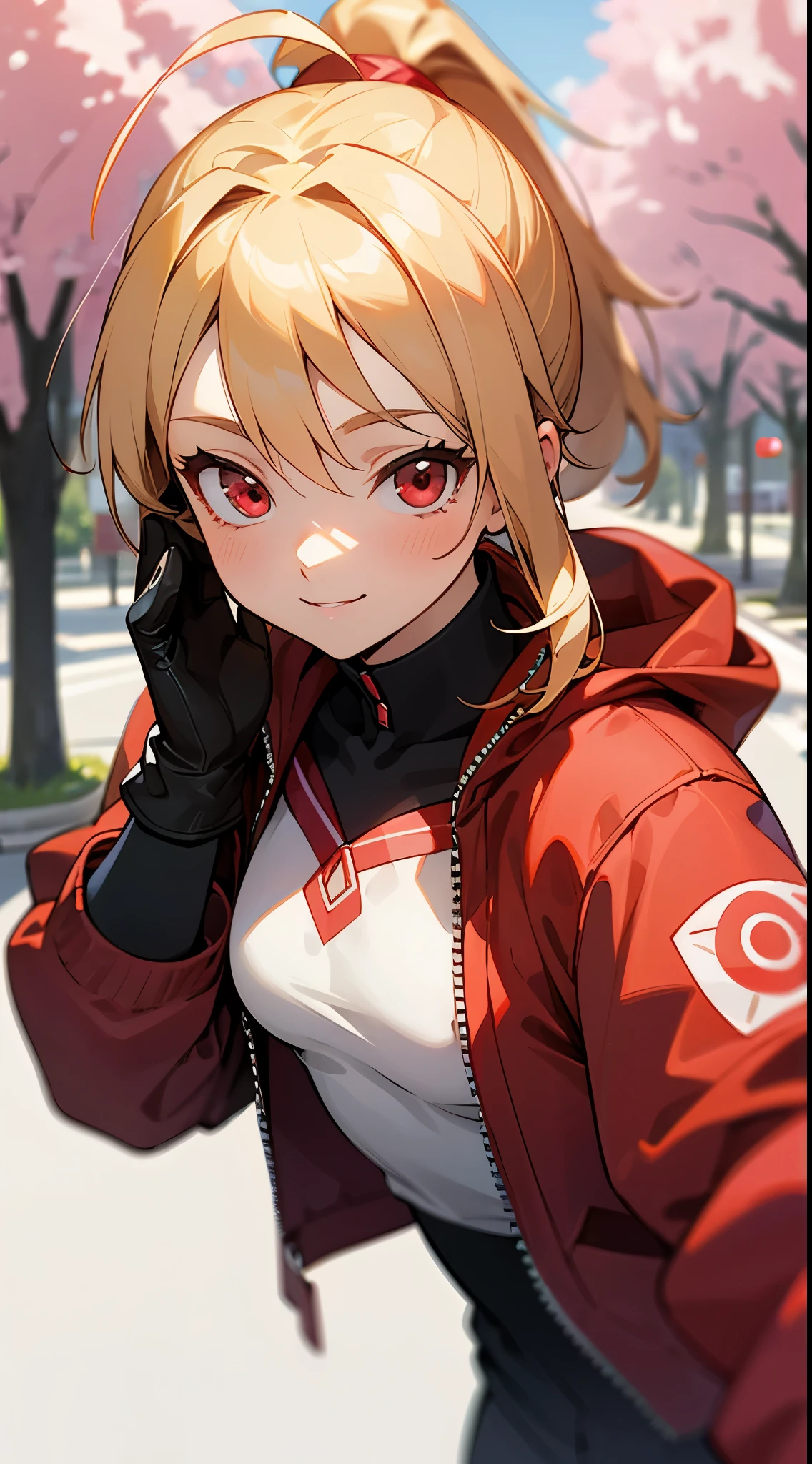 
(highest quality、Super detailed、reality)、Energetic girl、high school girl、small breasts、Red Riders Jacket、blonde、red eyes、ponytail、Ahoge、From the side、gloves、bright smile、stand in front of a street tree、Upper body close-up、Sakura Park、sharp outline