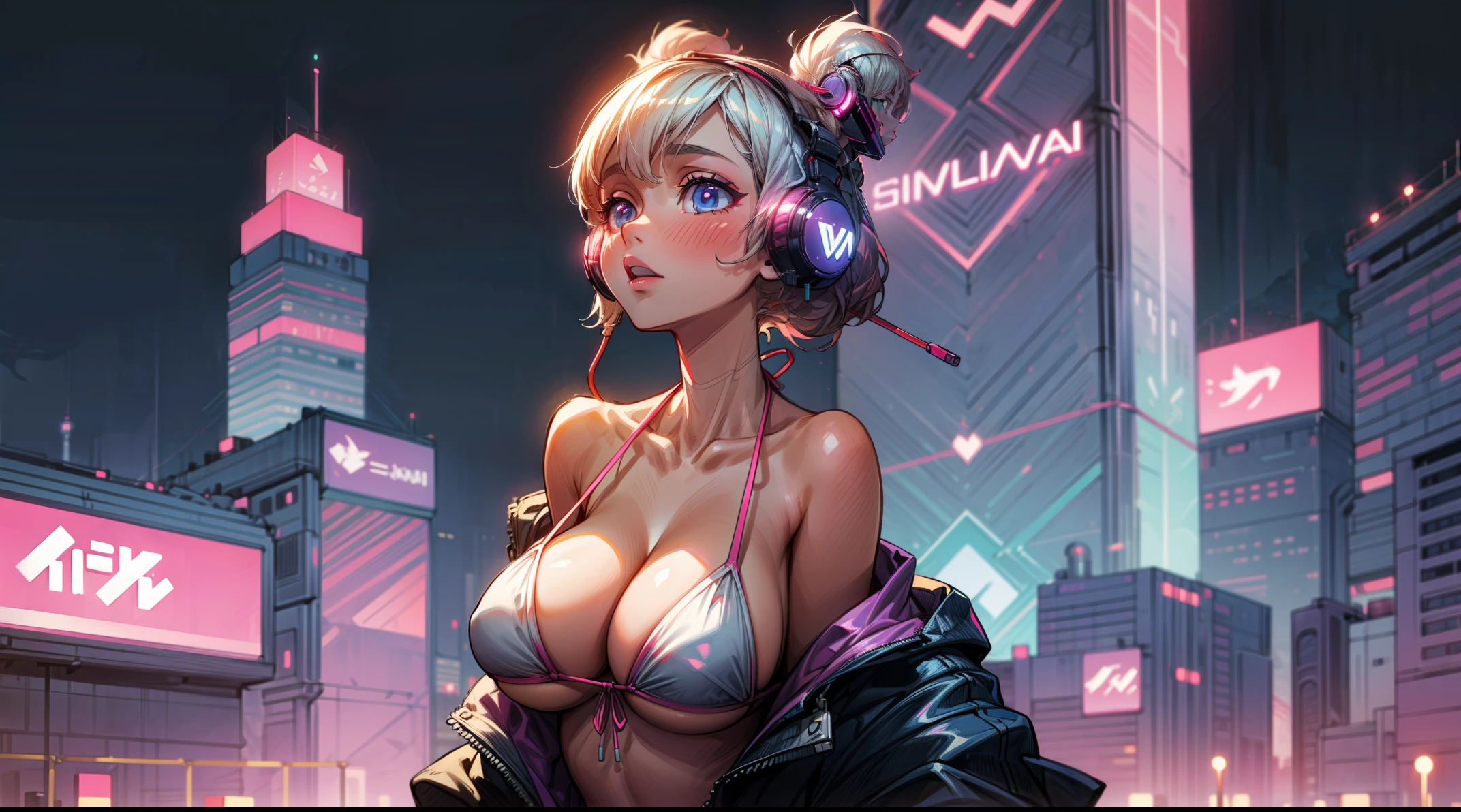 sexy anime 1girl ,headphone, glowing skin , beautiful background , beautiful sky, aesthetic ,vanilla ,night ,cleavage, tokyo city , big boobs , synthwave , swimsuit