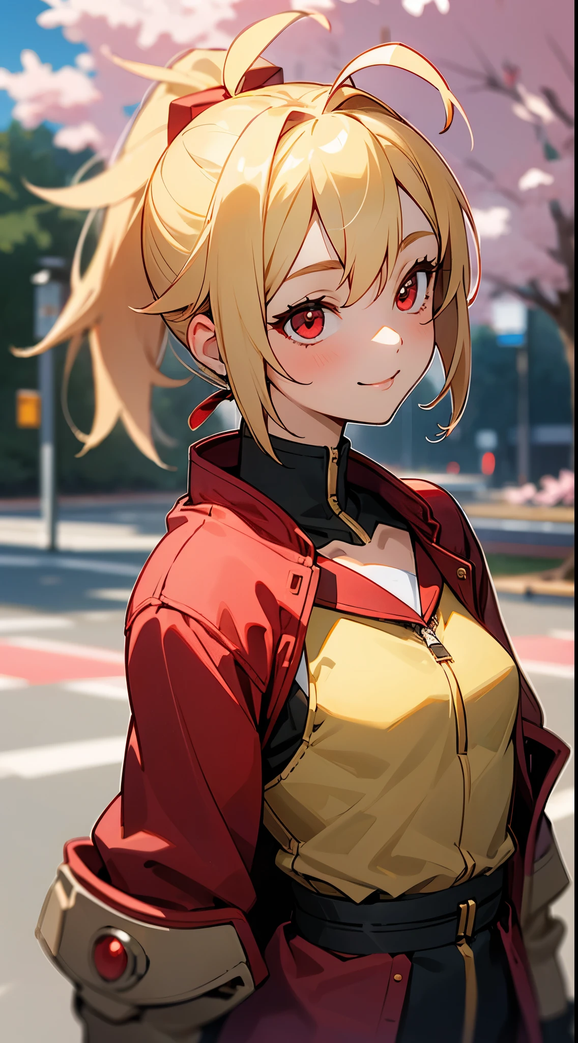 (highest quality、Super detailed、reality)、Energetic girl、high school girl、small breasts、Red Riders Jacket、blonde、red eyes、ponytail、Ahoge、From the side、gloves、bright smile、stand in front of a street tree、Upper body close-up、Sakura Park、sharp outline