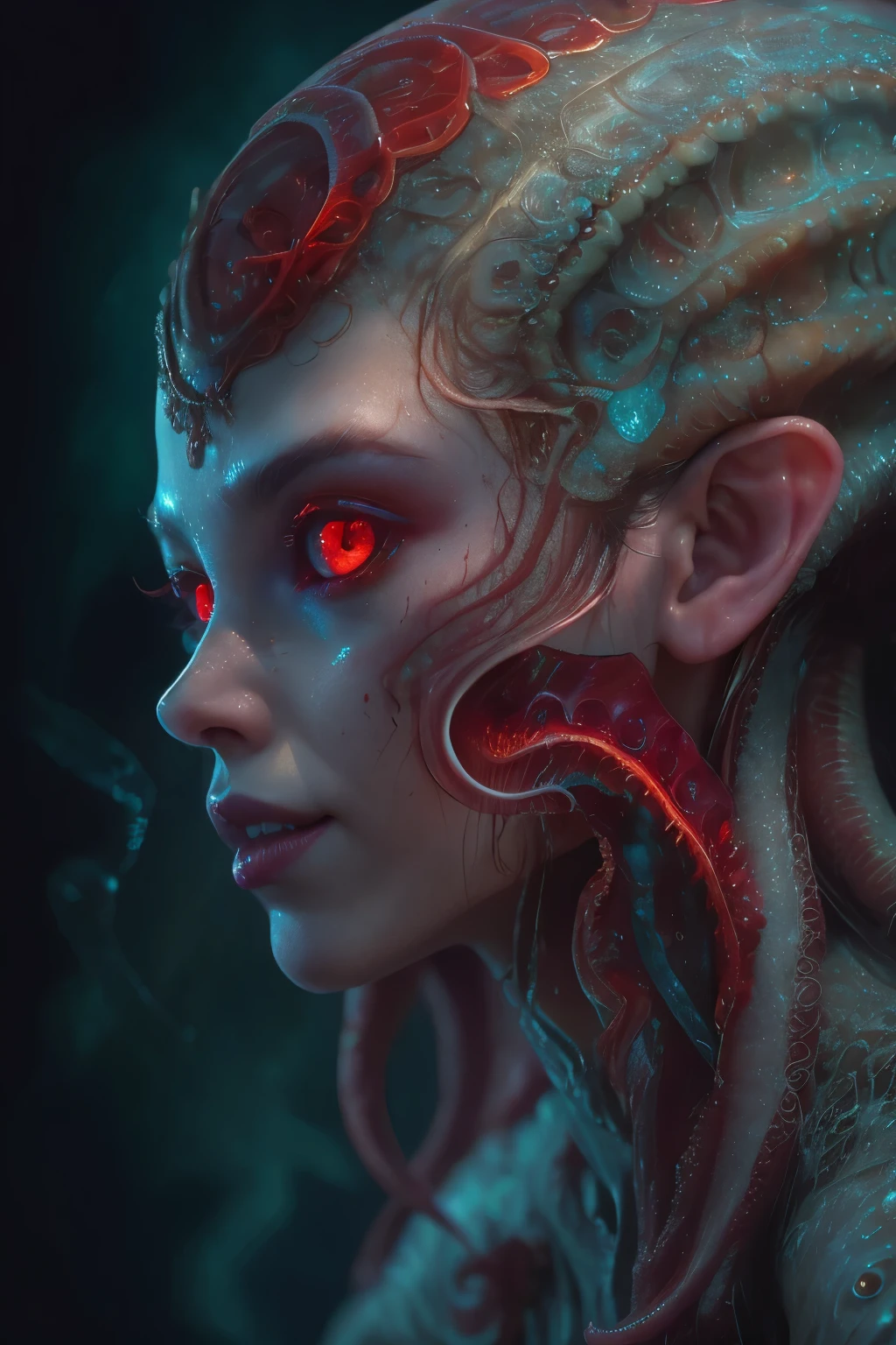 scary and sexy detailed art in color, Portrait, (beautiful and obscene female alien:1.4), (vulgarity1.5), (she has glowing red eyes with no pupils:1.8), (Translucent skin:1.7), ((There is a female genital-like organ in the middle of the forehead:1.9)), (The most beautiful face in the history of the universe:1.2),an evil gaze that seduces, (large mouth:1.1), (sharp teeth like a vampire:1.2), Full body portrait, (bio luminescent:1.5), (Smile wickedly:1.3), (sexypose:1.5), incredibly beautiful matured alien, (she has unparalleled beauty:1.5), No humans, cells are fused, (Lots of translucent tentacles:1.6) extraterrestrial, cell, bio image, best quality, 8K,In 4K_quality, High freshness, Dramatic Lighting, masterpiece:1.5, cinematic quality, detail up, (exquisite details:1.2), high resolution, High freshness, drawing faithfully, (Thick eyebrows:1.2), Beautiful eyes with fine symmetry, (Highly detailed face and eyes:1.2), (Super detailed skin quality feeling:1.1), perfect anatomy, (Beautiful toned body:1.5), (Moist skin:1.2), not wearing makeup, (dark circles:1.1), long canines, cinematic drawing of characters, ultra high quality model, cinematic quality, detail up, (exquisite details:1.2), high resolution, High freshness, drawing faithfully, official art, Unity 8K Wall , 8K Portrait, best quality, Very high resolution, ultra detailed artistic photography, midnight aura, unreal engine 5, Ultra Sharp Focus, art by Amano Yoshitaka, ArtGerm, Roisch, intricate artwork, best quality, masterpiece, ultra high resolution, (photos realistic:1.4), ultra realistic realism, dream-like, nautilus, Creation of fantasy, Snail, Dream Snail, (biopunk nautilus:1.3),Thrilling color schemes, ultra realistic realism, seductively smiling, (white tentacles with stripes:1.2), subtle emerald green accents, (expression of ecstasy:1.6) , in the dark, she has snake-like eyes