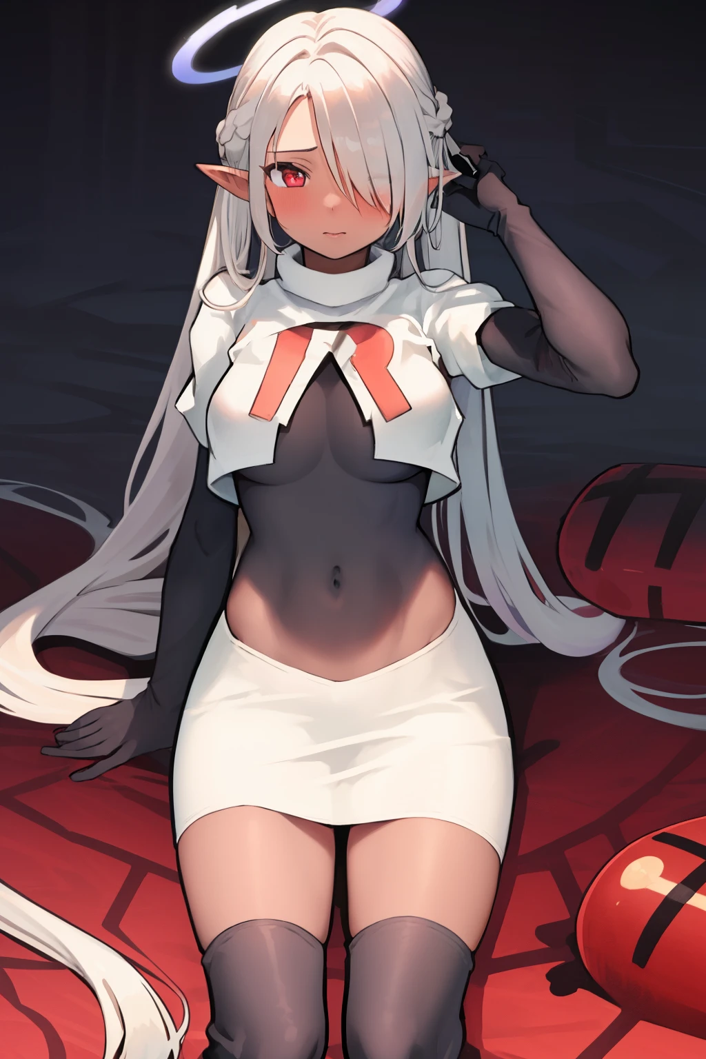 best quality, masterpiece, highres, solo, {iori_bluearchive:1.15}, long_hair, twintails, red_eyes, grey_hair, pointy_ears, hair_over_one_eye, dark_skin, dark-skinned_female, bangs, blush, halo, breasts, ribbon, hair_ribbon, very_long_hair, black_ribbon, medium_breasts, 1girl, team rocket,team rocket uniform,white skirt,red letter R,crop top,black thigh-highs,black elbow gloves