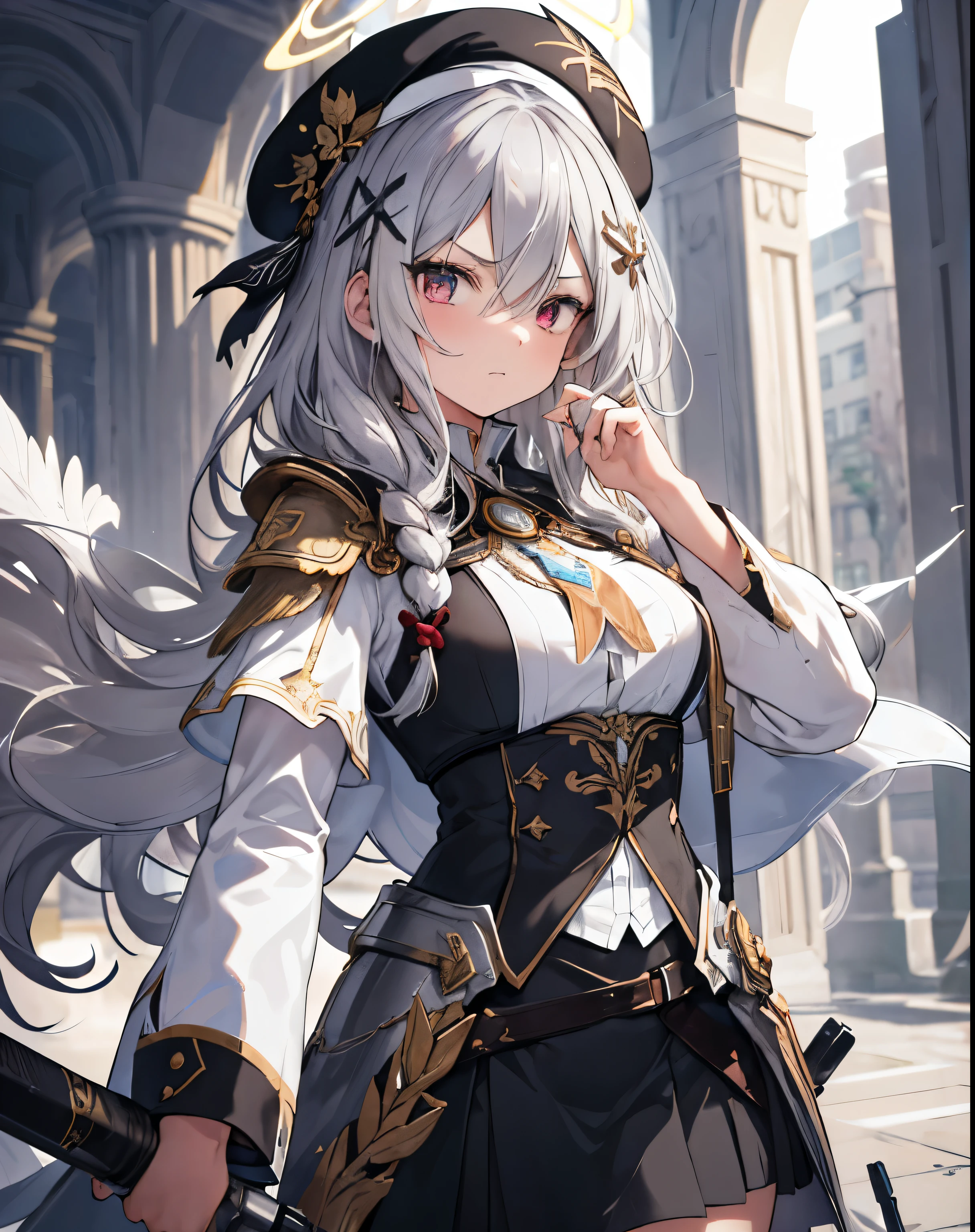 masterpiece,1girl, sparrow, a silver haired girl, wearing a priestess uniform, curly long hair, messy hair, black skirt, armor, slim body, she have a handycam, medium breasts, she close her left eye, shirt ornament, lolippai, white beret, angry face, beautiful breasts, rounded breasts, crimson eyes, break halo