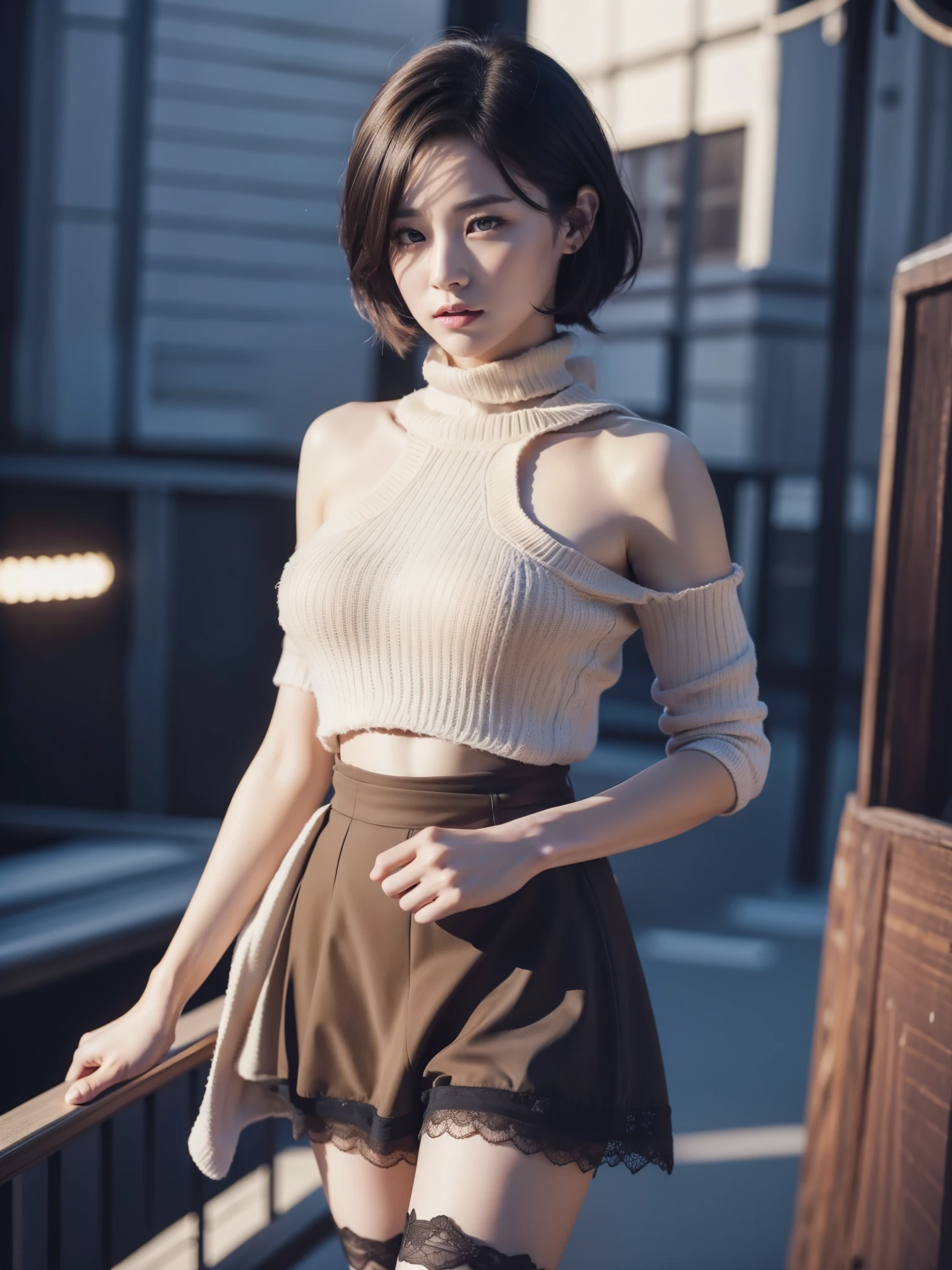 Highly detailed CG Unity 8K wallpaper, top quality, super detailed, High resolution，city、Beautiful teenage girl，lace pantyhose，random color，long sweater，scarf，Depth of bounds written，real light，ray tracing，OC renderer，UE5 renderer，surreal，best quality，8K，works of masters，super fine，fine pubic hair，correct anatomy、black hair、bare shoulders