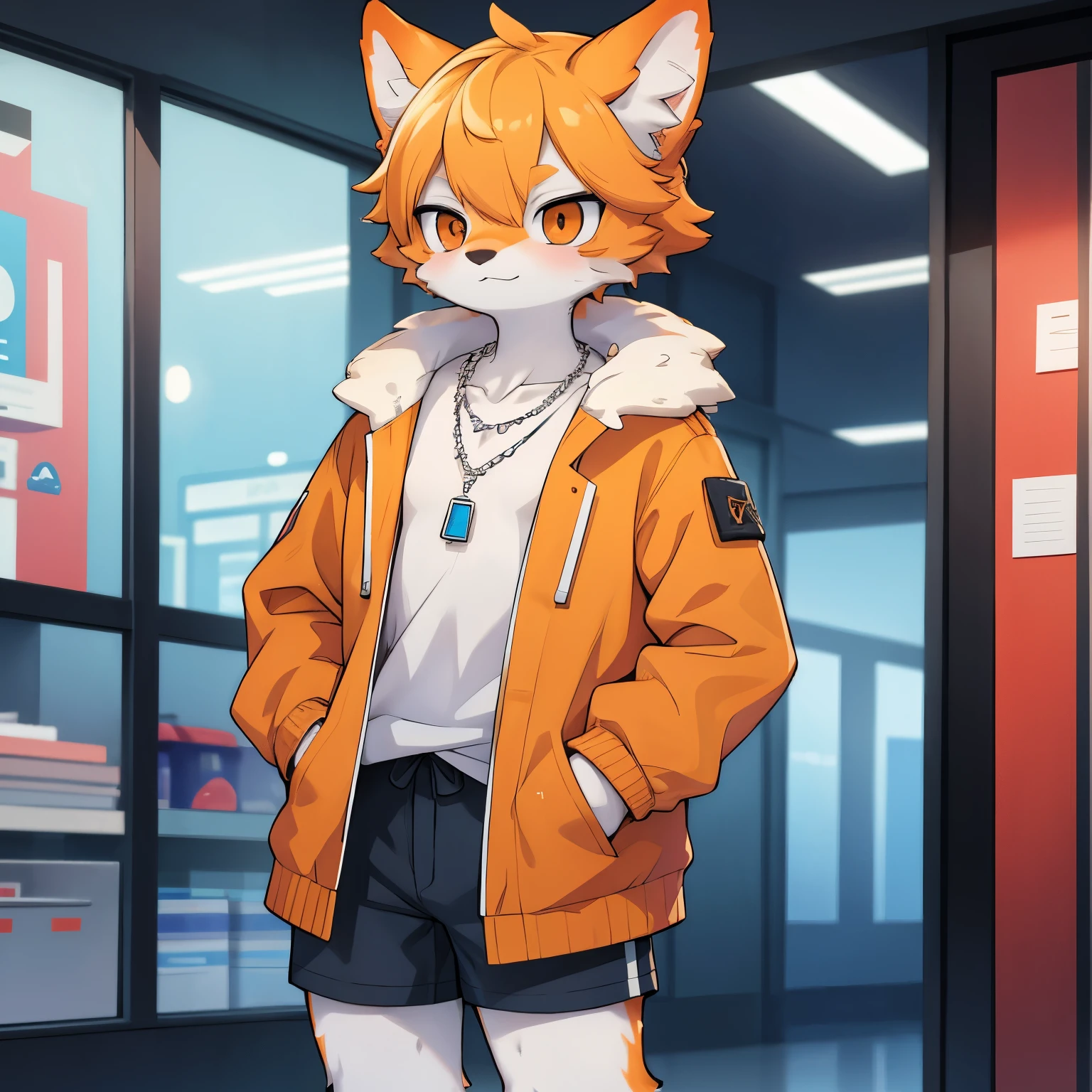 Orange，furry，male，one person，stand，Wear a coat，wearing shorts，front，wearing a necklace，Insert your hands into your pockets，Thin