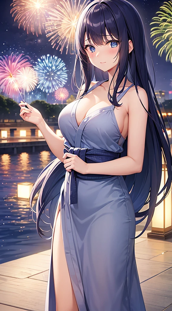 1 girl、dark blue hair、long hair down to the waist、dark blue eyes、cute、blush、night、along the river、Fireworks Festival、white yukata、she、big breasts、Open yukata