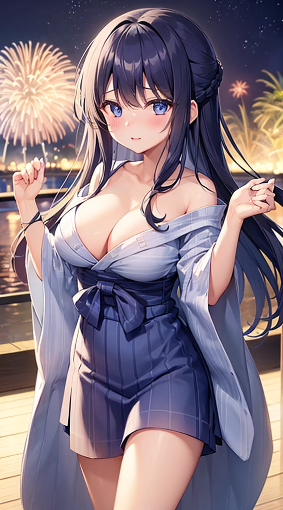 1 girl、dark blue hair、long hair down to the waist、dark blue eyes、cute、blush、night、along the river、Fireworks Festival、white yukata、she、big breasts、Open yukata
