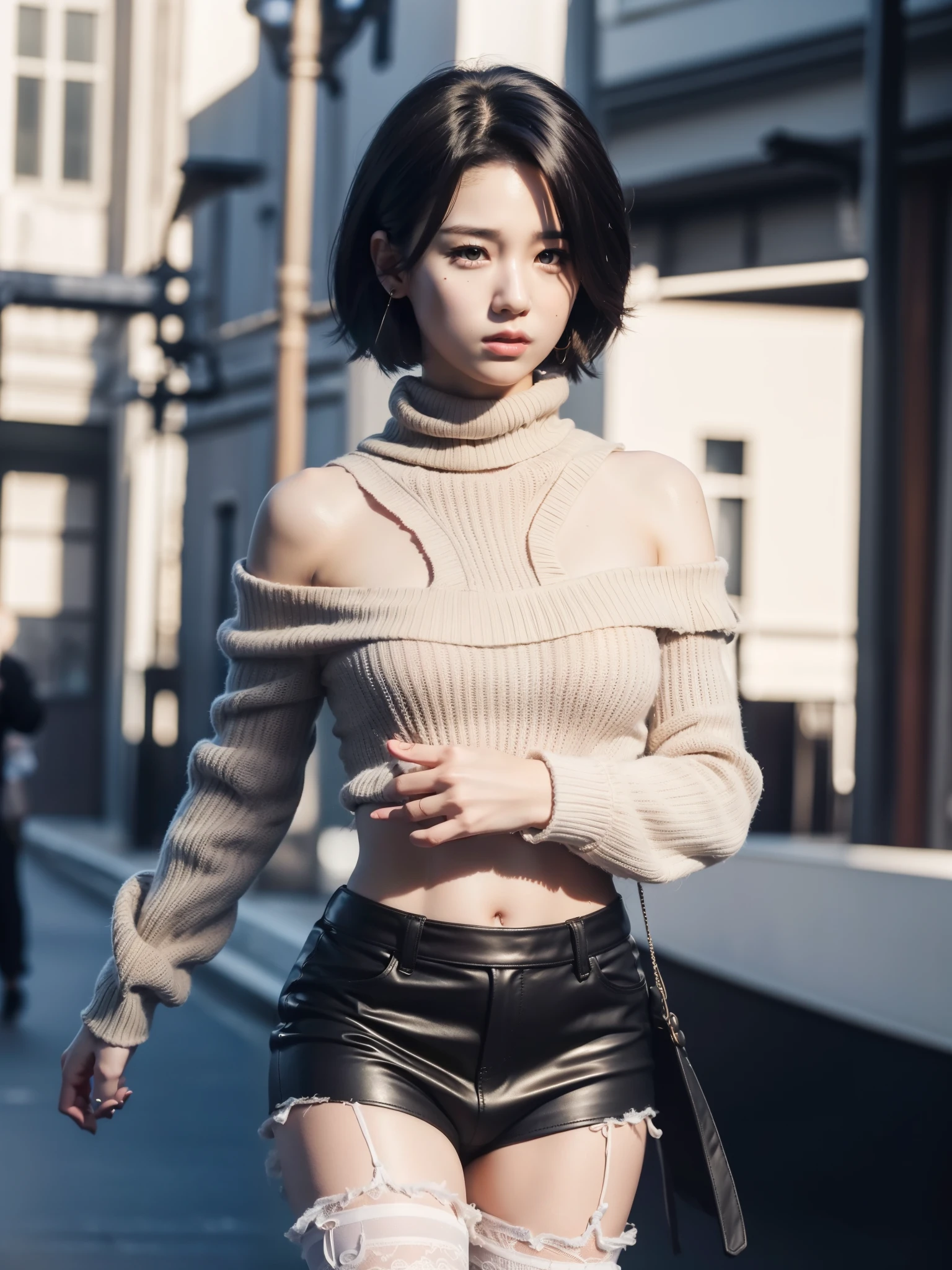 Highly detailed CG Unity 8K wallpaper, top quality, super detailed, High resolution，city、Beautiful teenage girl，lace pantyhose，random color，long sweater，scarf，Depth of bounds written，real light，ray tracing，OC renderer，UE5 renderer，surreal，best quality，8K，works of masters，super fine，fine pubic hair，correct anatomy、black hair、bare shoulders