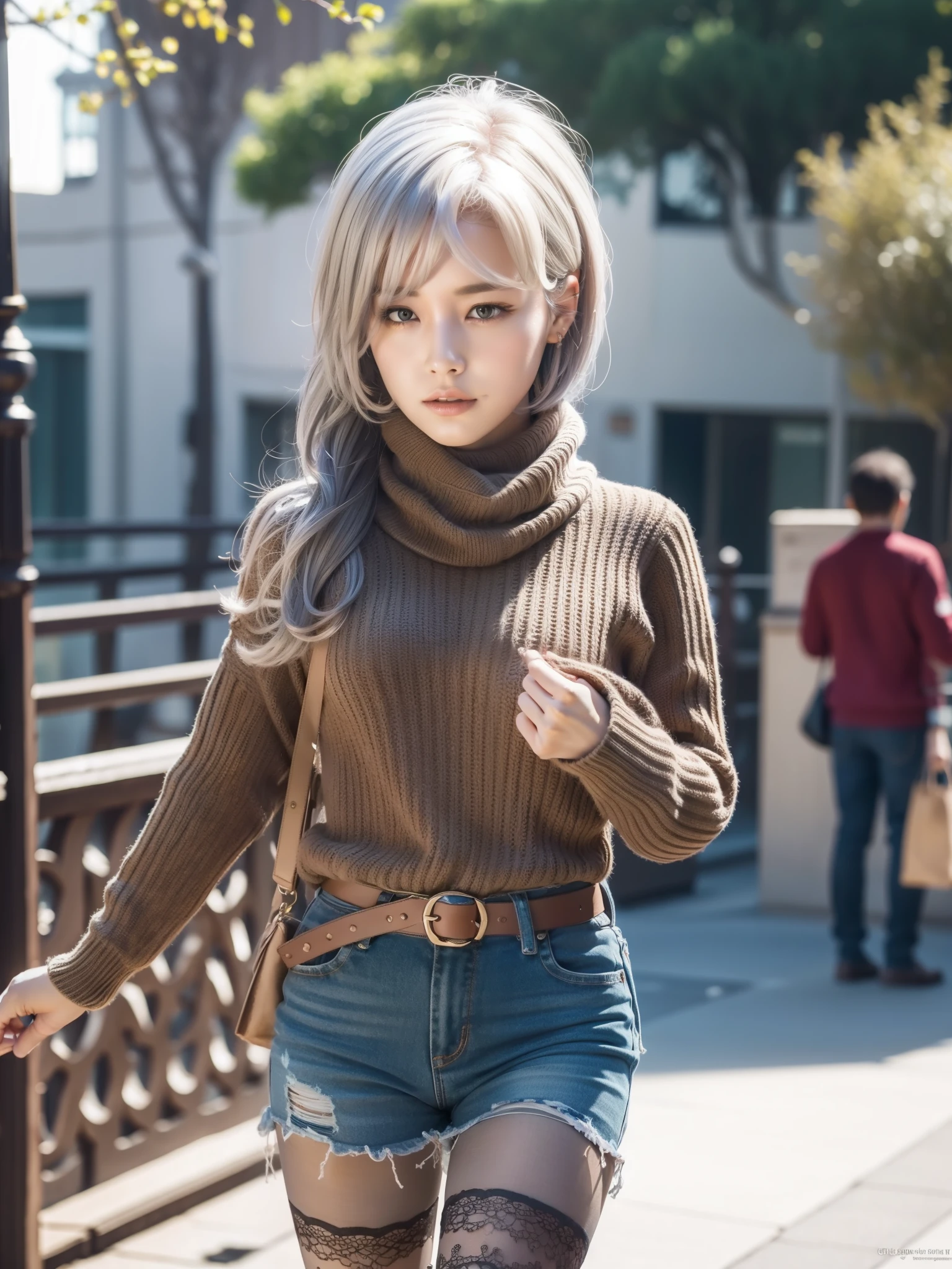 Highly detailed CG Unity 8K wallpaper, top quality, super detailed, High resolution，city、Beautiful  girl，lace pantyhose，random color，long sweater，scarf，Depth of bounds written，real light，ray tracing，OC renderer，UE5 renderer，surreal，best quality，8K，works of masters，super fine，fine pubic hair，correct anatomy